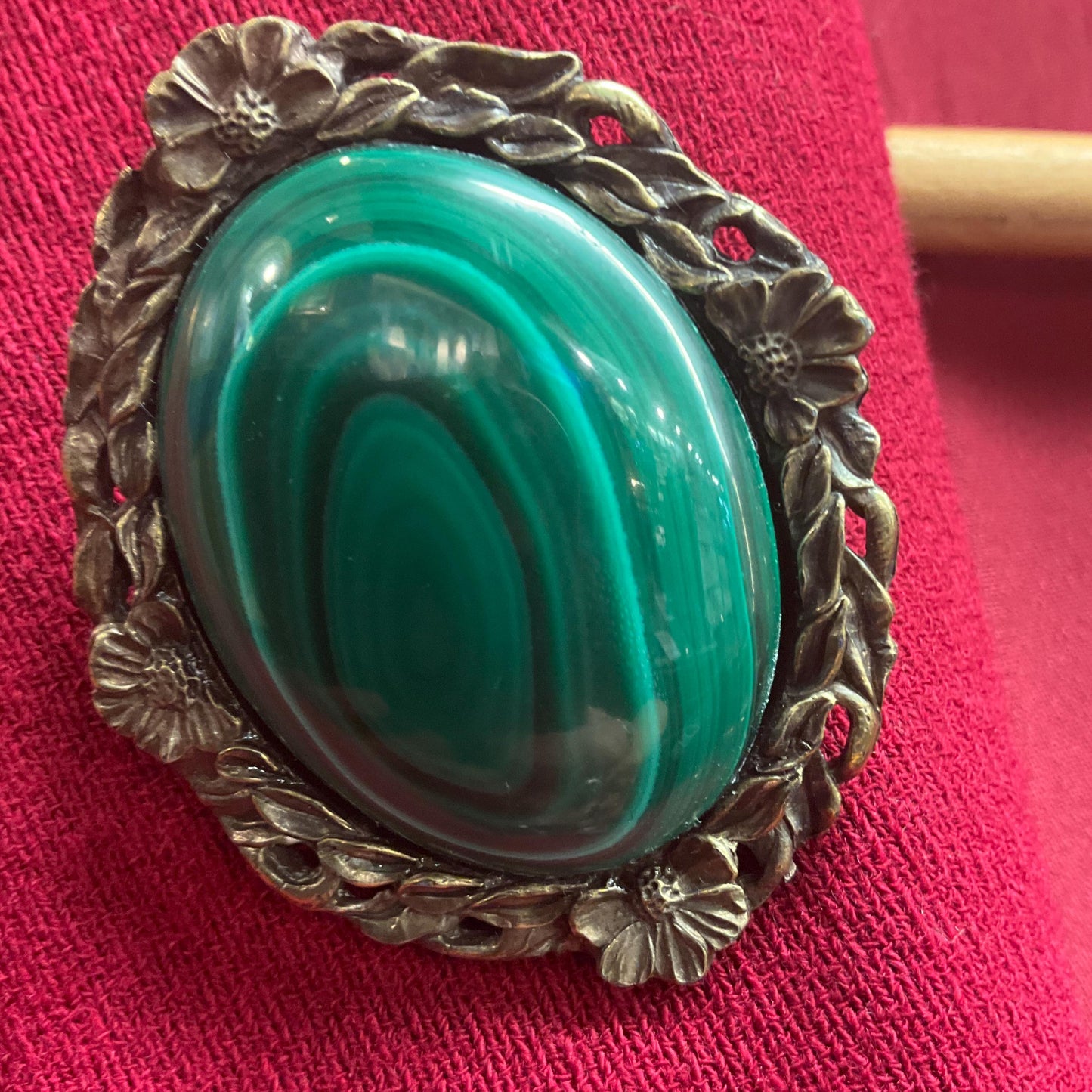 Vintage Large Malachite Gemstone Oval Brooch, Floral brass setting , as new in gift box