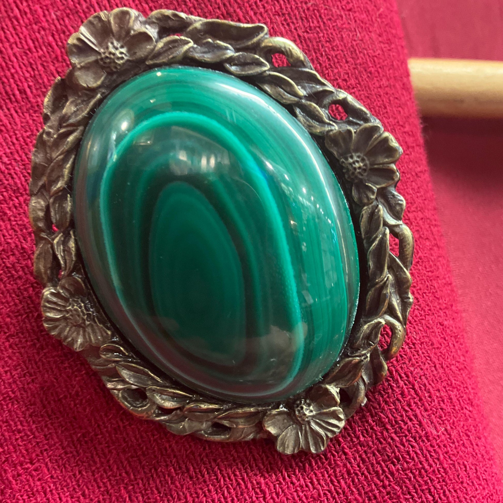 Vintage Large Malachite Gemstone Oval Brooch, Floral brass setting , as new in gift box