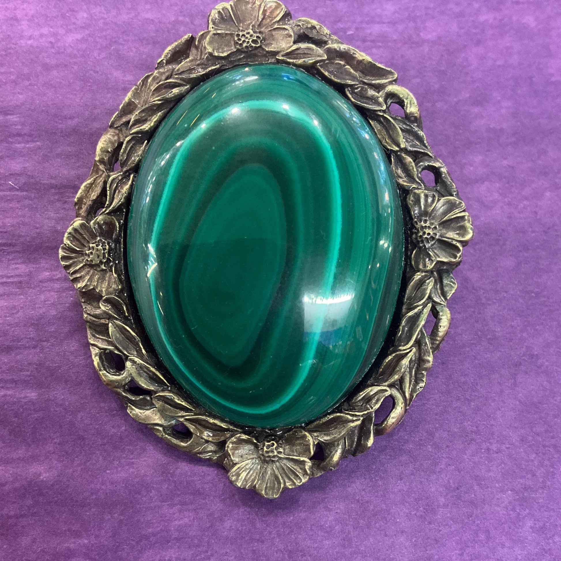 Vintage Large Malachite Gemstone Oval Brooch, Floral brass setting , as new in gift box