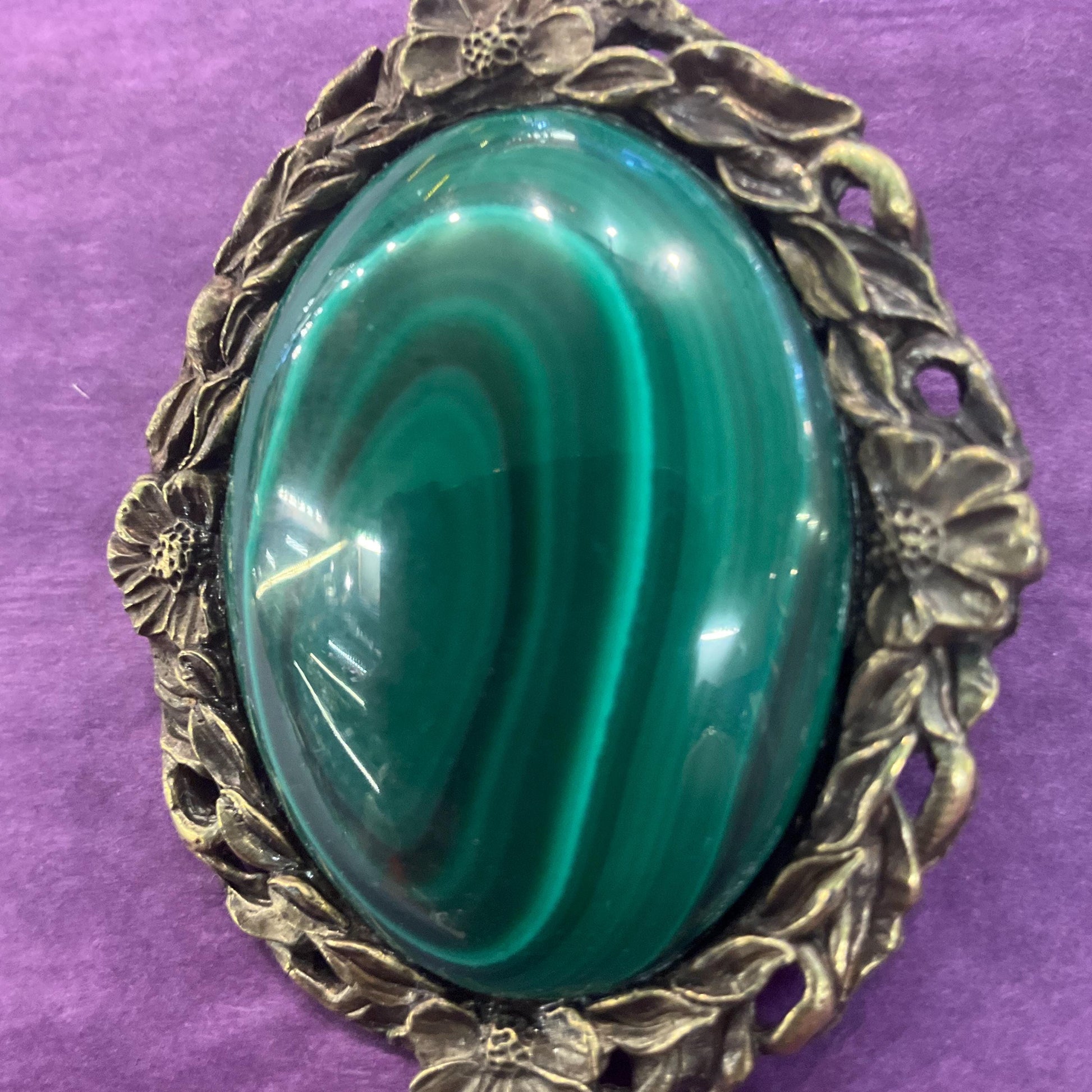 Vintage Large Malachite Gemstone Oval Brooch, Floral brass setting , as new in gift box