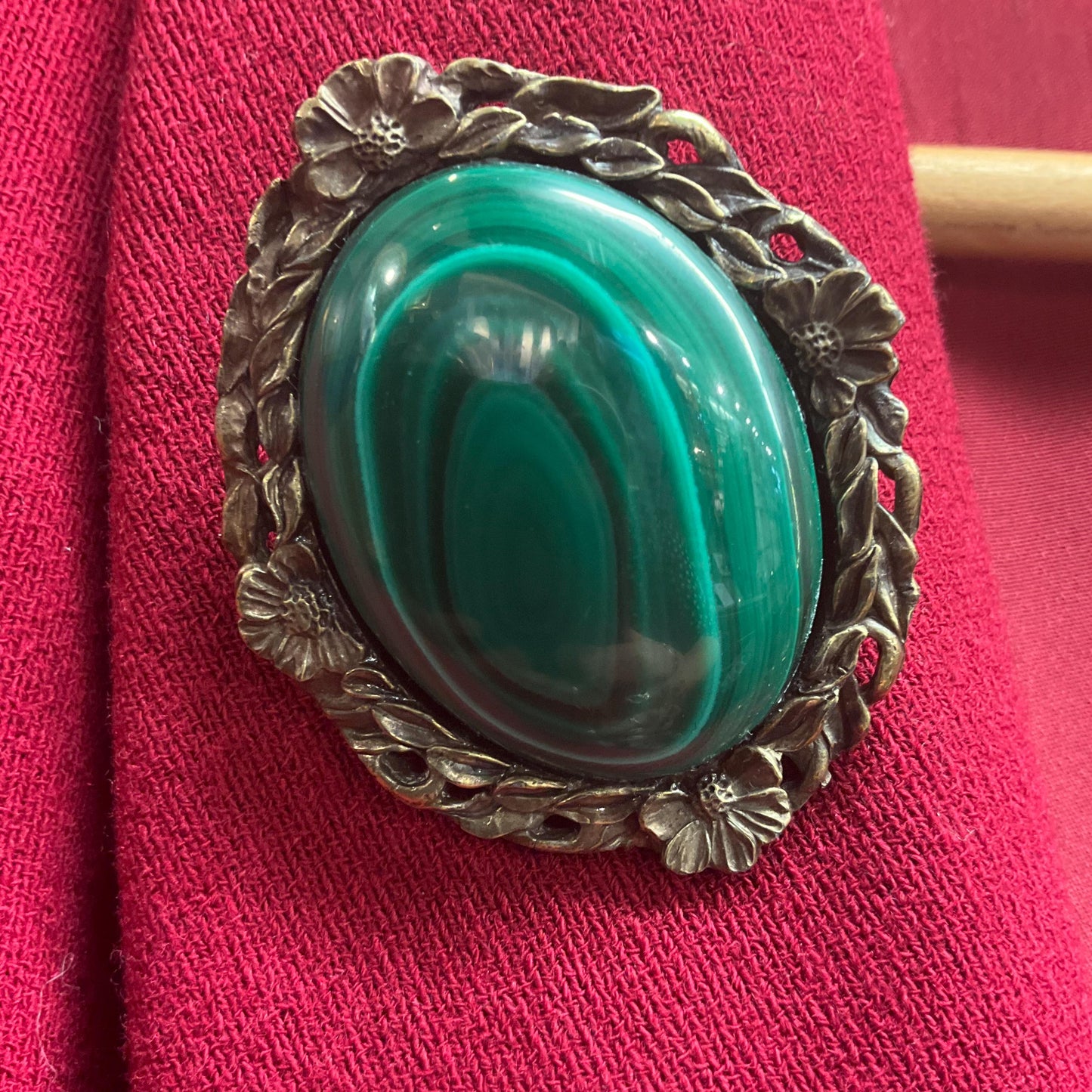 Vintage Large Malachite Gemstone Oval Brooch, Floral brass setting , as new in gift box