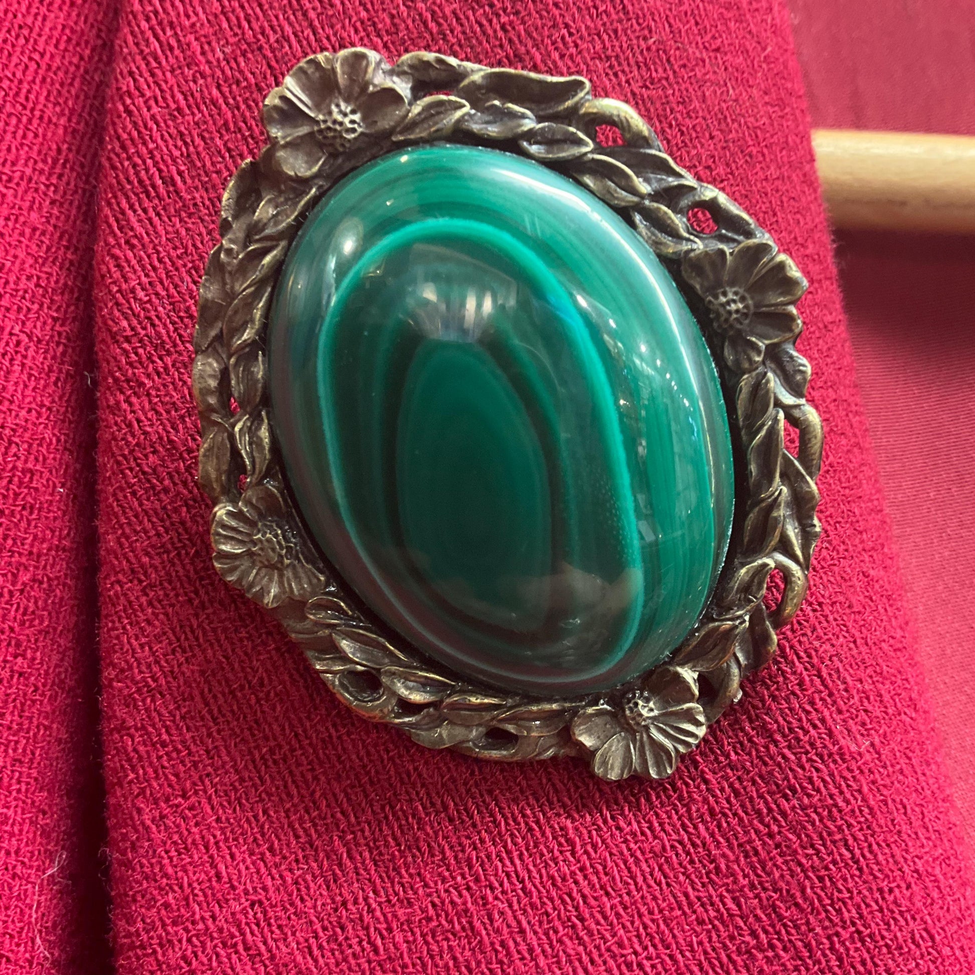 Vintage Large Malachite Gemstone Oval Brooch, Floral brass setting , as new in gift box