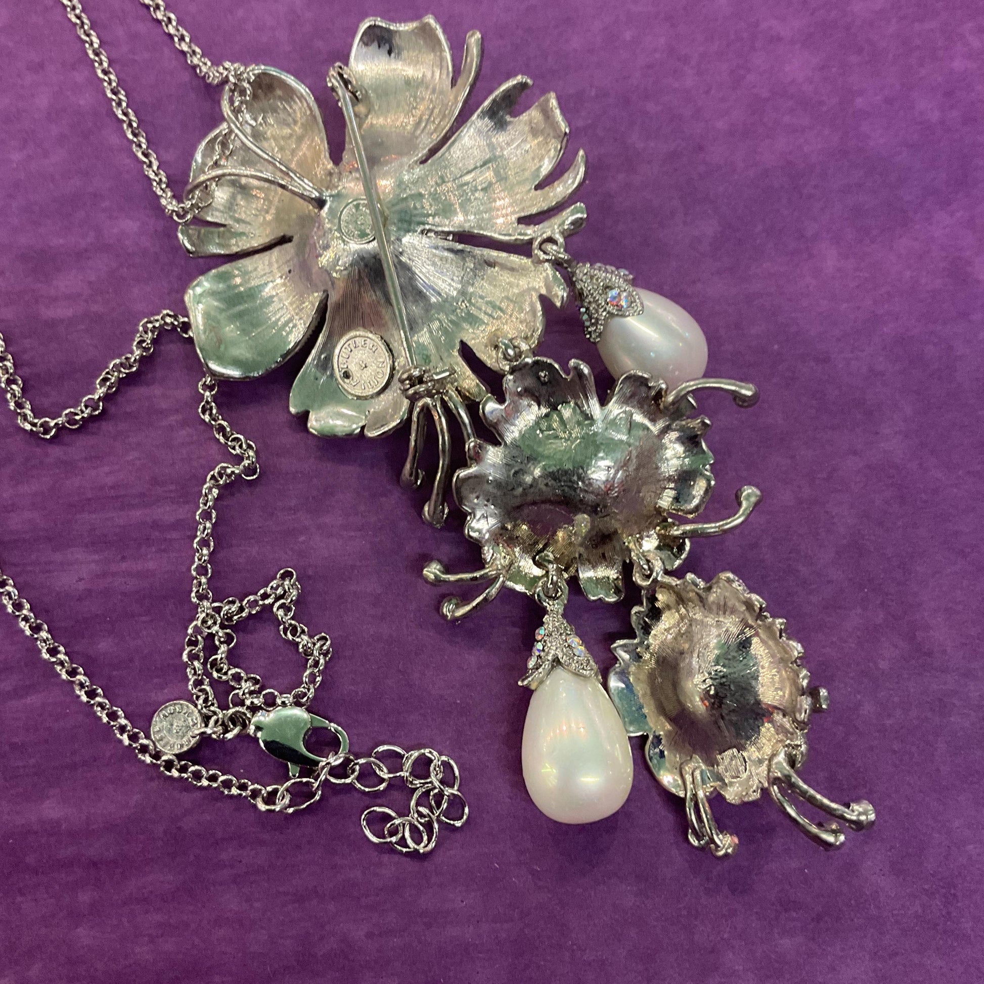 Vintage Statement Crystal Floral Brooch or Pendant, Pewter tone with Aurora Borealis rhinestones and faux pearls