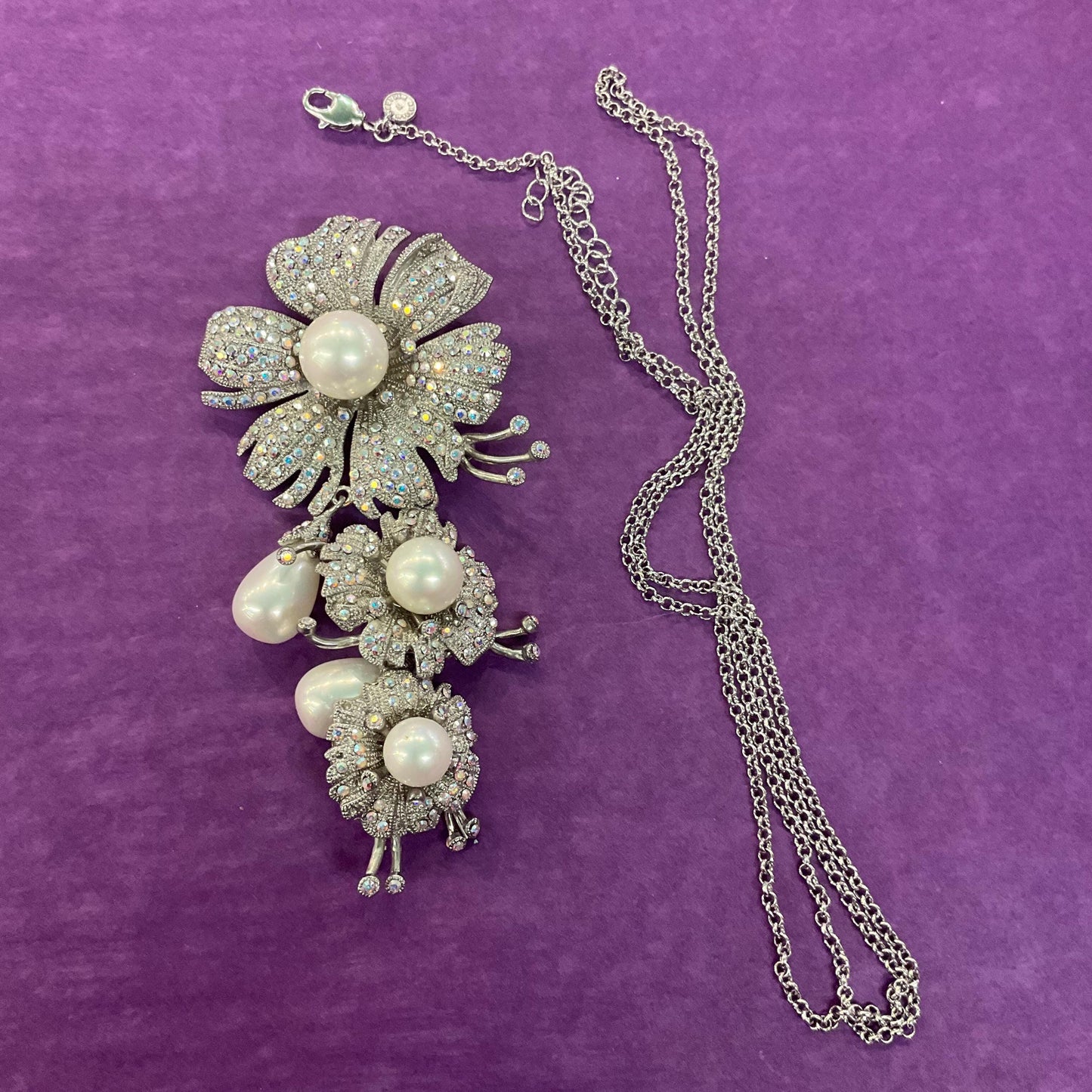 Vintage Statement Crystal Floral Brooch or Pendant, Pewter tone with Aurora Borealis rhinestones and faux pearls