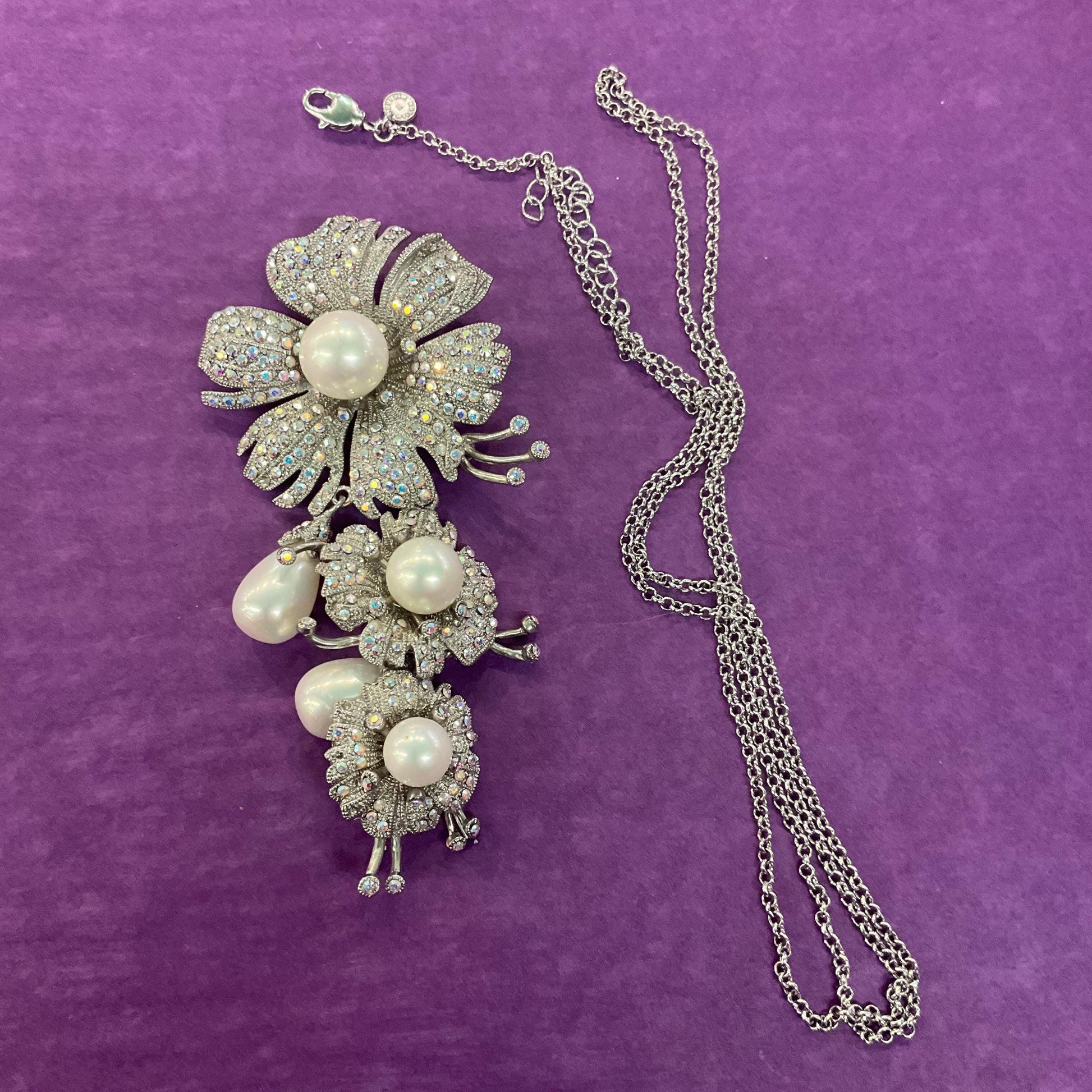 Vintage Statement Crystal Floral Brooch or Pendant, Pewter tone with Aurora Borealis rhinestones and faux pearls
