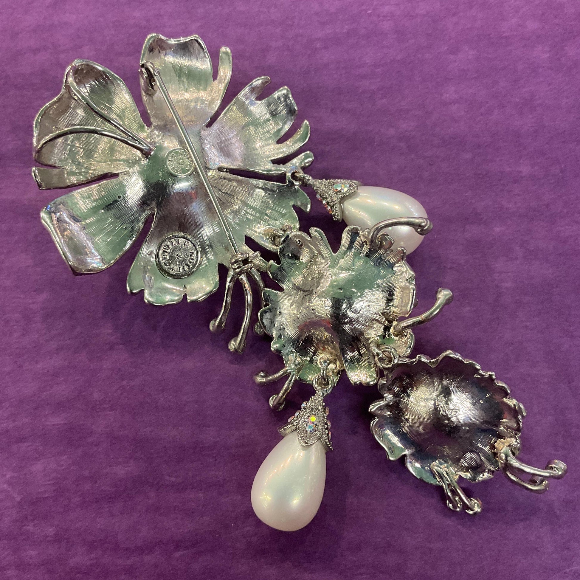 Vintage Statement Crystal Floral Brooch or Pendant, Pewter tone with Aurora Borealis rhinestones and faux pearls