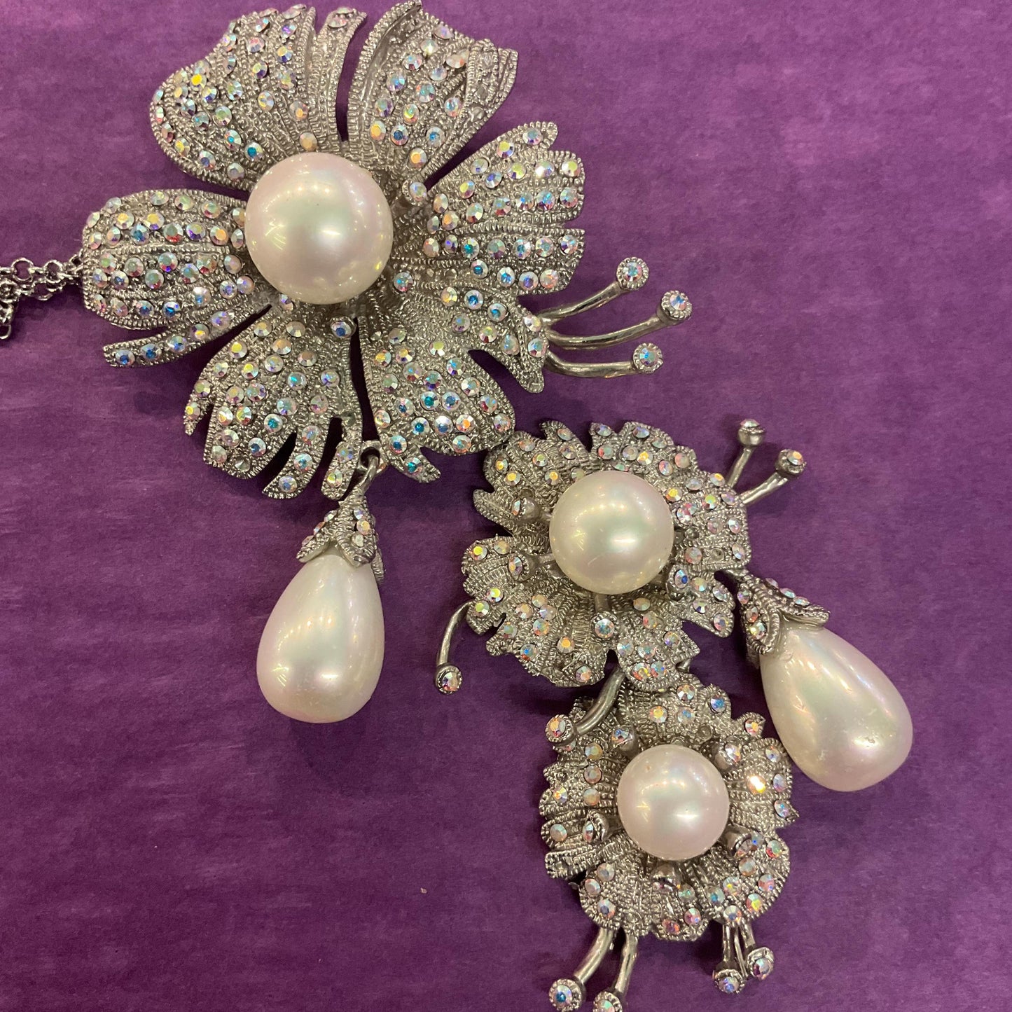 Vintage Statement Crystal Floral Brooch or Pendant, Pewter tone with Aurora Borealis rhinestones and faux pearls