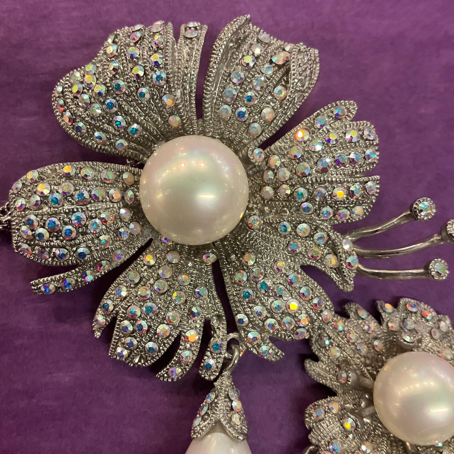 Vintage Statement Crystal Floral Brooch or Pendant, Pewter tone with Aurora Borealis rhinestones and faux pearls