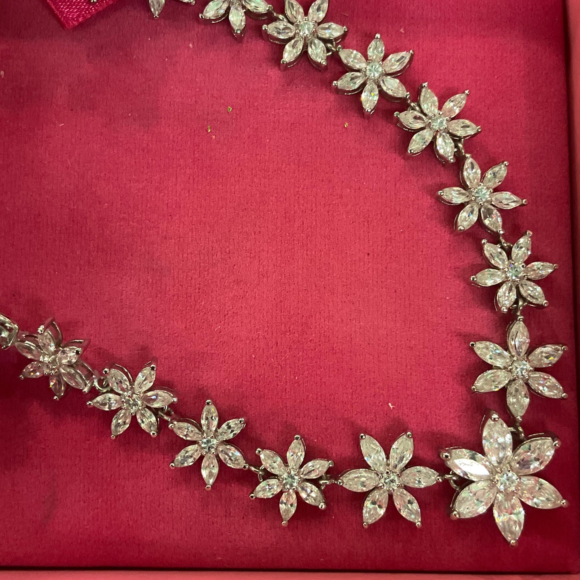 Vintage Butler and Wilson Crystal Flower Necklace, Silver tone with marquise cut crystals and rhinestones