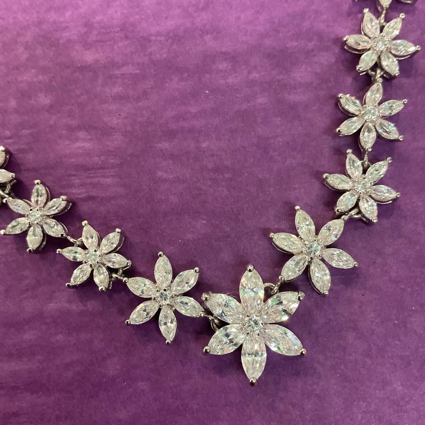 Vintage Butler and Wilson Crystal Flower Necklace, Silver tone with marquise cut crystals and rhinestones