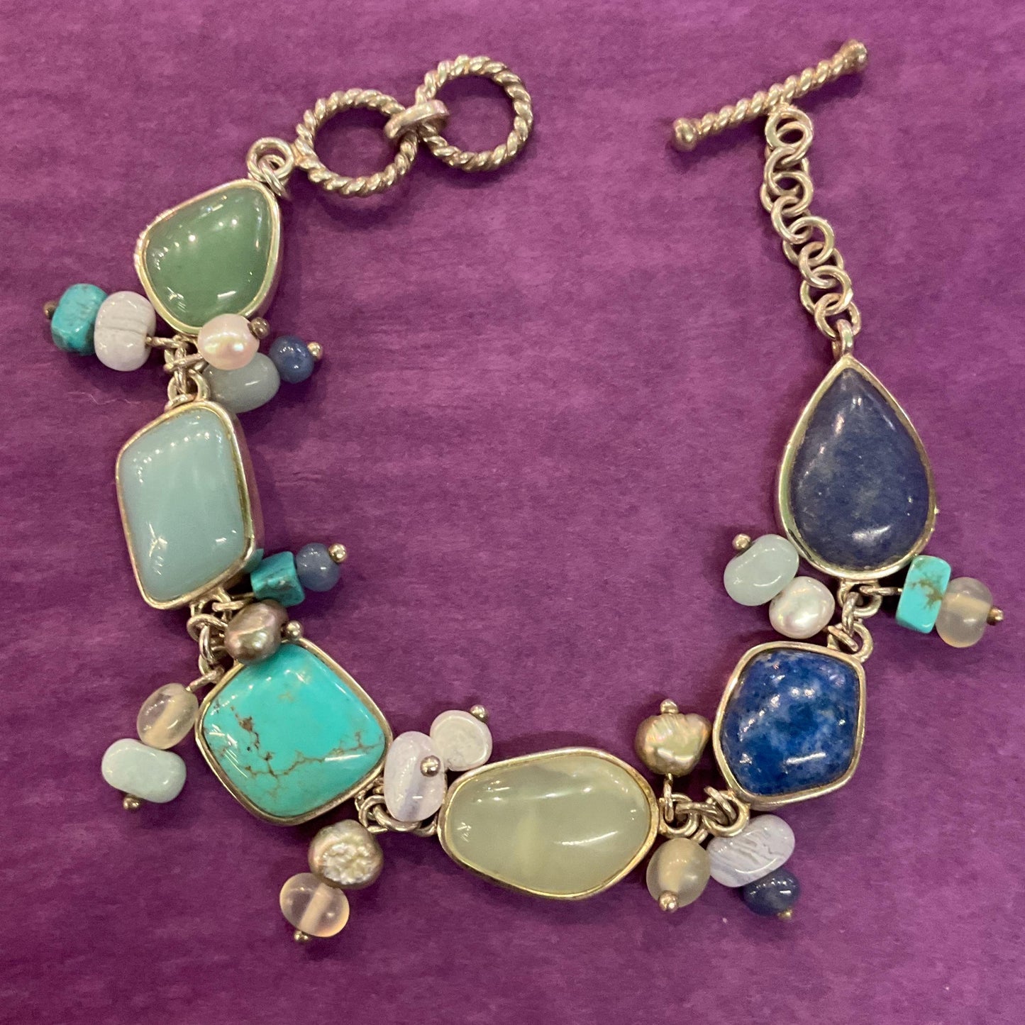 Vintage Silver (925) and Gemstone T Bar bracelet, Turquoise, Jade, Lapis Lazuli and Fresh Water Pearls