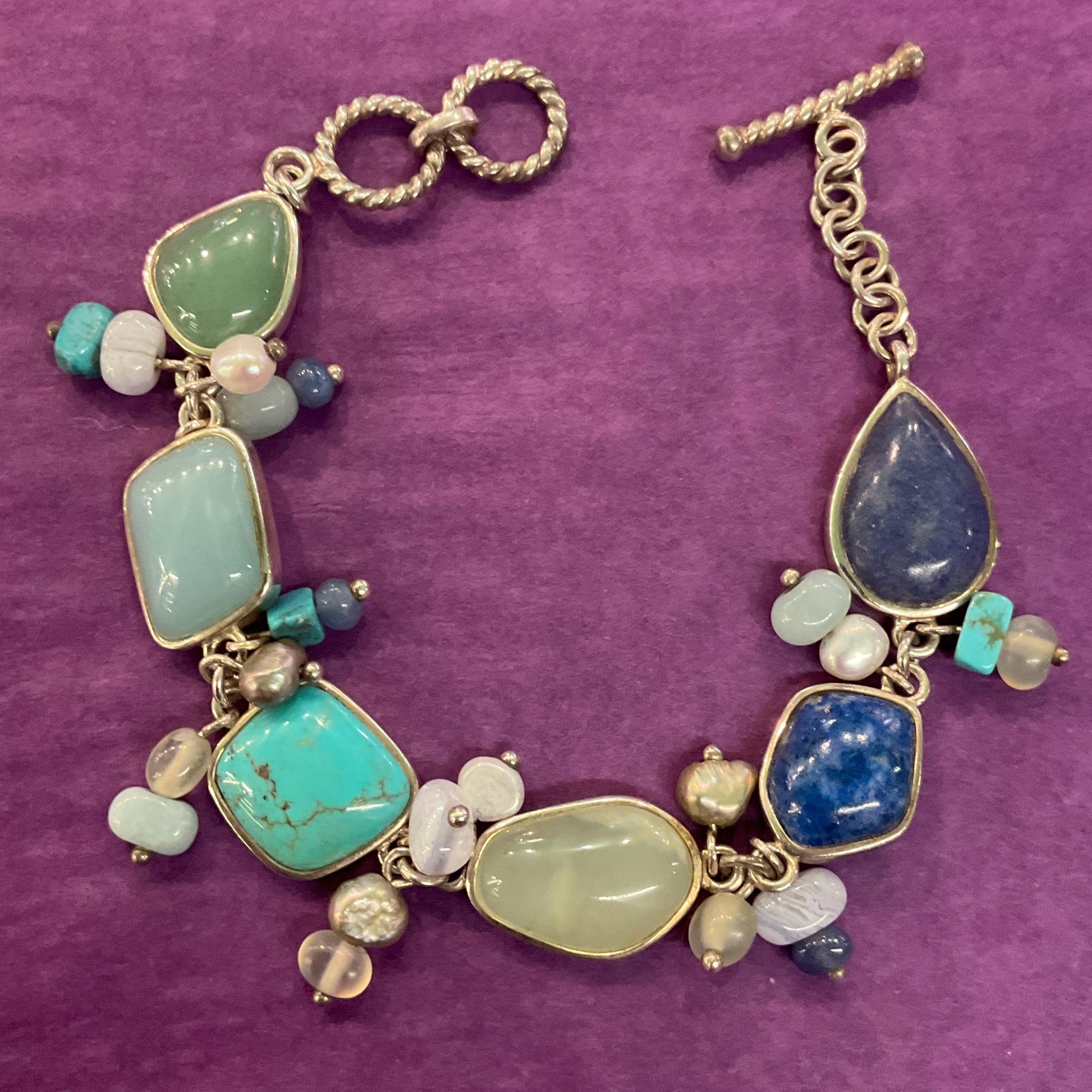 Vintage Silver (925) and Gemstone T Bar bracelet, Turquoise, Jade, Lapis Lazuli and Fresh Water Pearls