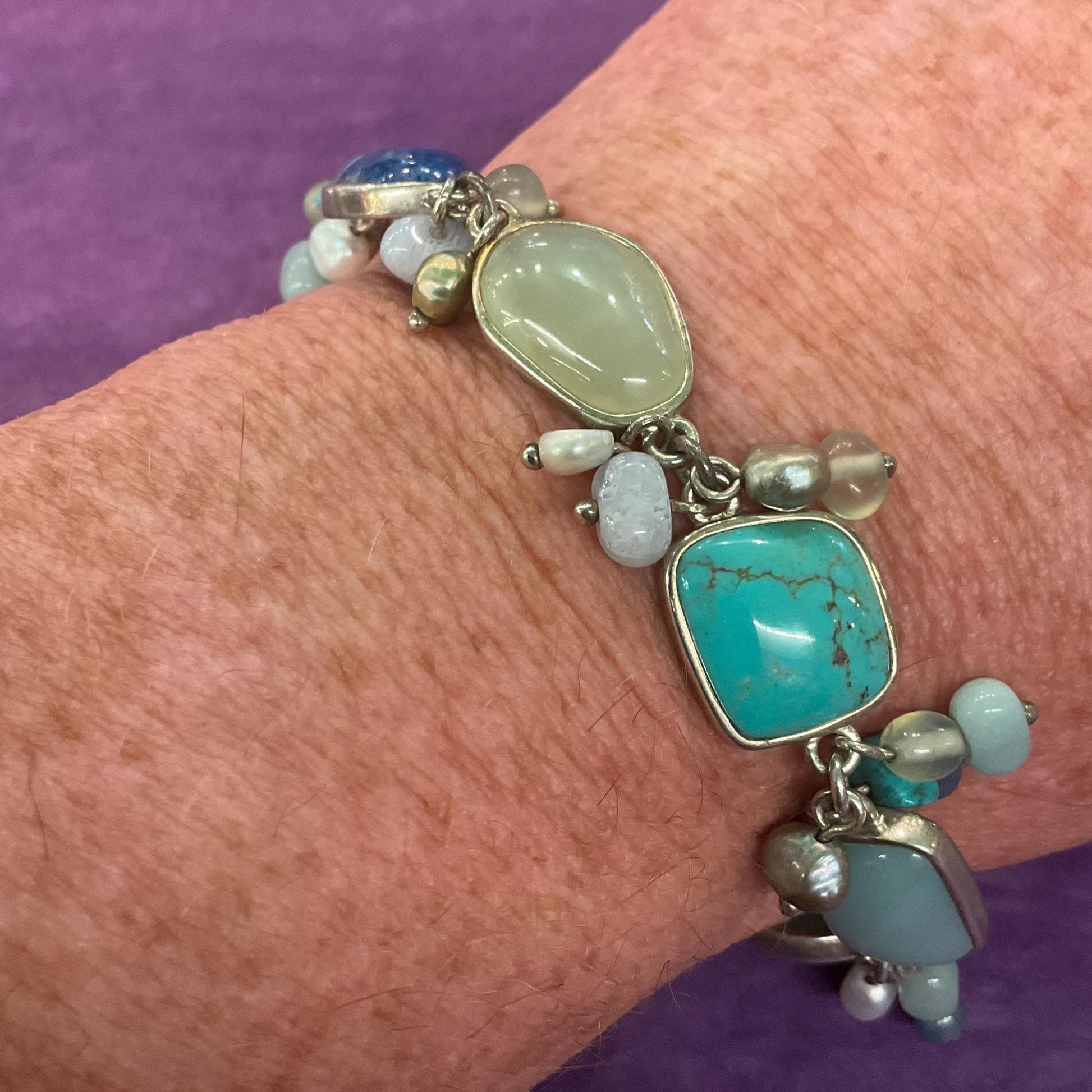 Vintage Silver (925) and Gemstone T Bar bracelet, Turquoise, Jade, Lapis Lazuli and Fresh Water Pearls