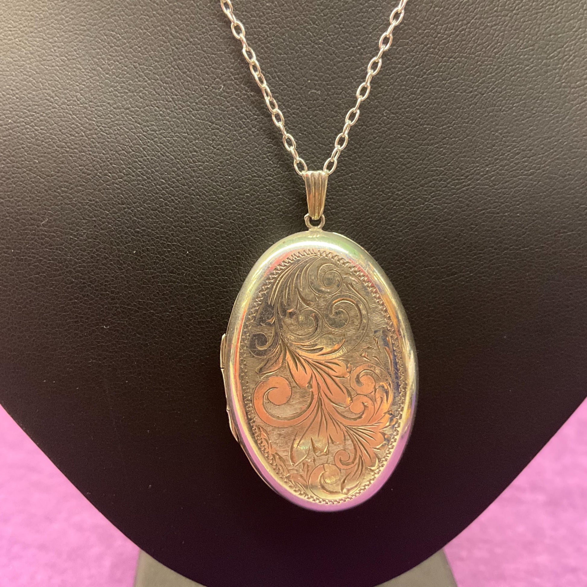 Vintage Sterling Silver Large Oval Locket, Foliate engraving with a long 925 fine silver chain, sustainable gift
