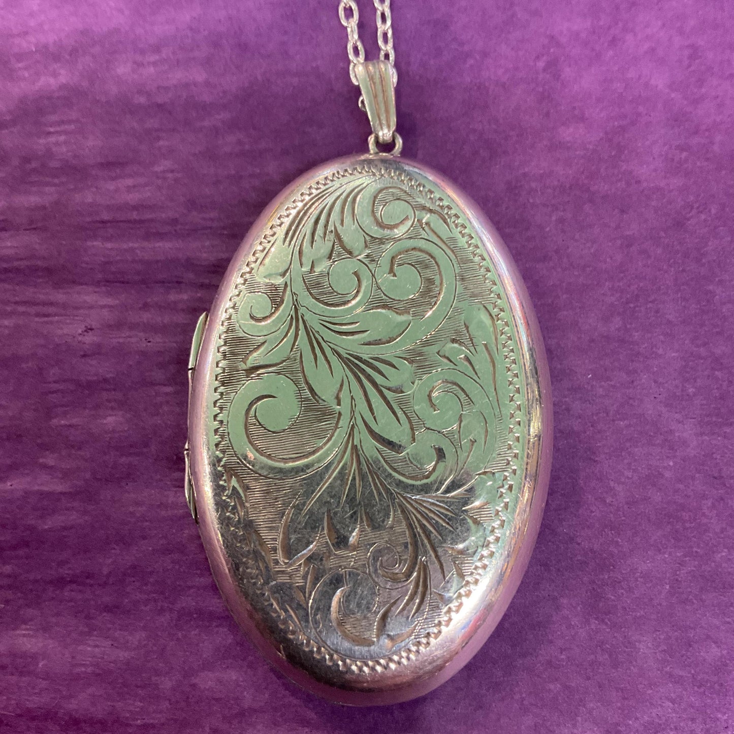 Vintage Sterling Silver Large Oval Locket, Foliate engraving with a long 925 fine silver chain, sustainable gift