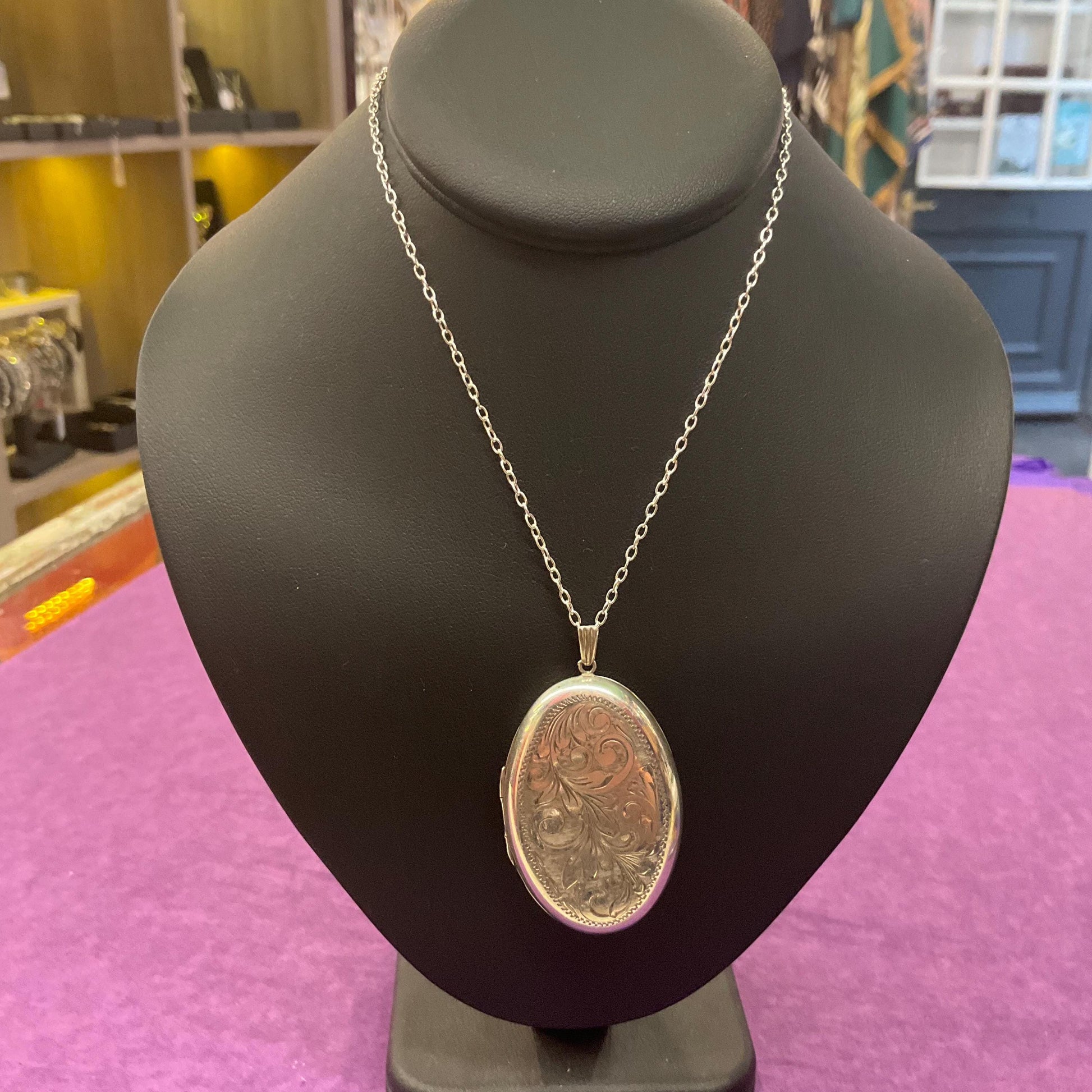 Vintage Sterling Silver Large Oval Locket, Foliate engraving with a long 925 fine silver chain, sustainable gift