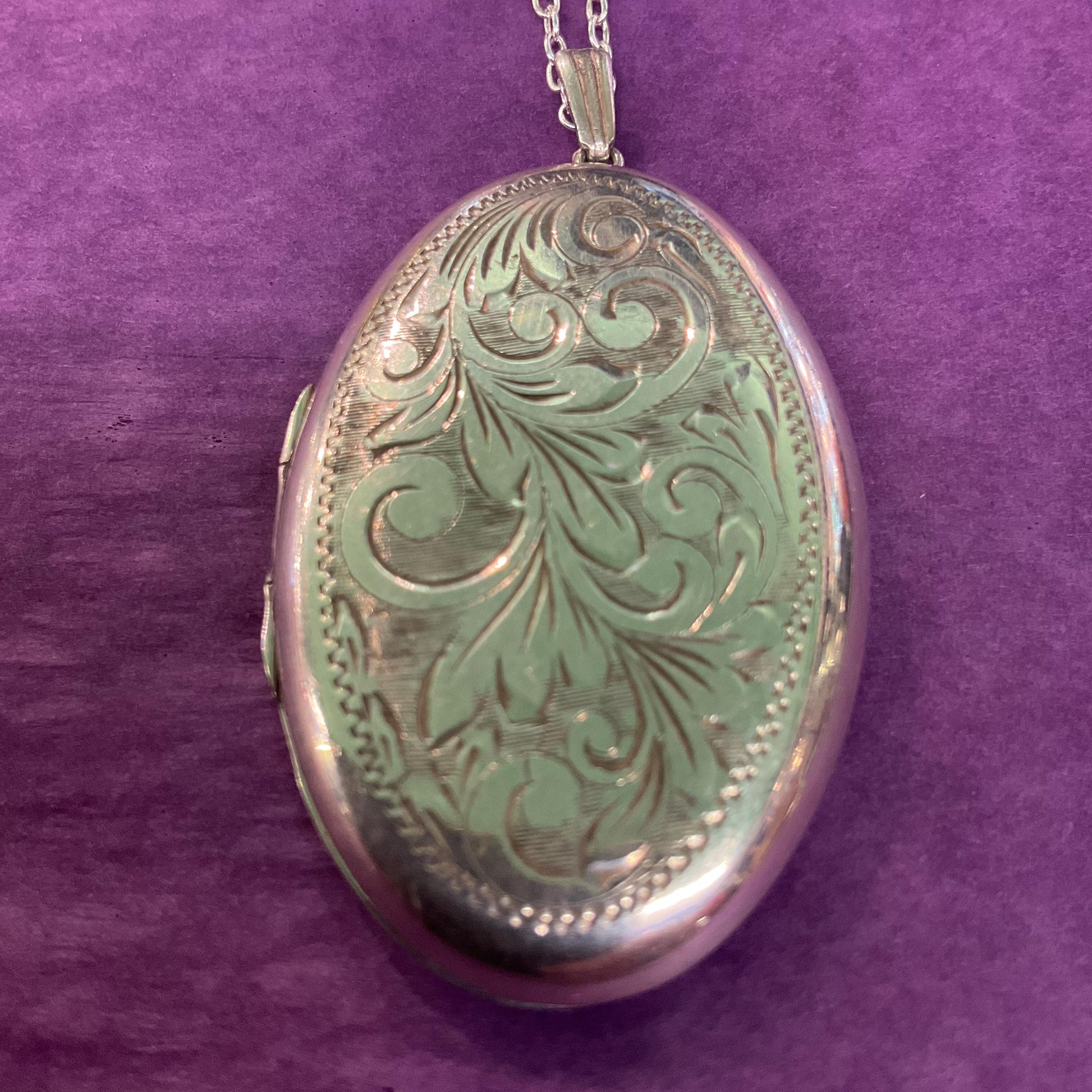 Vintage Sterling Silver Large Oval Locket, Foliate engraving with a long 925 fine silver chain, sustainable gift