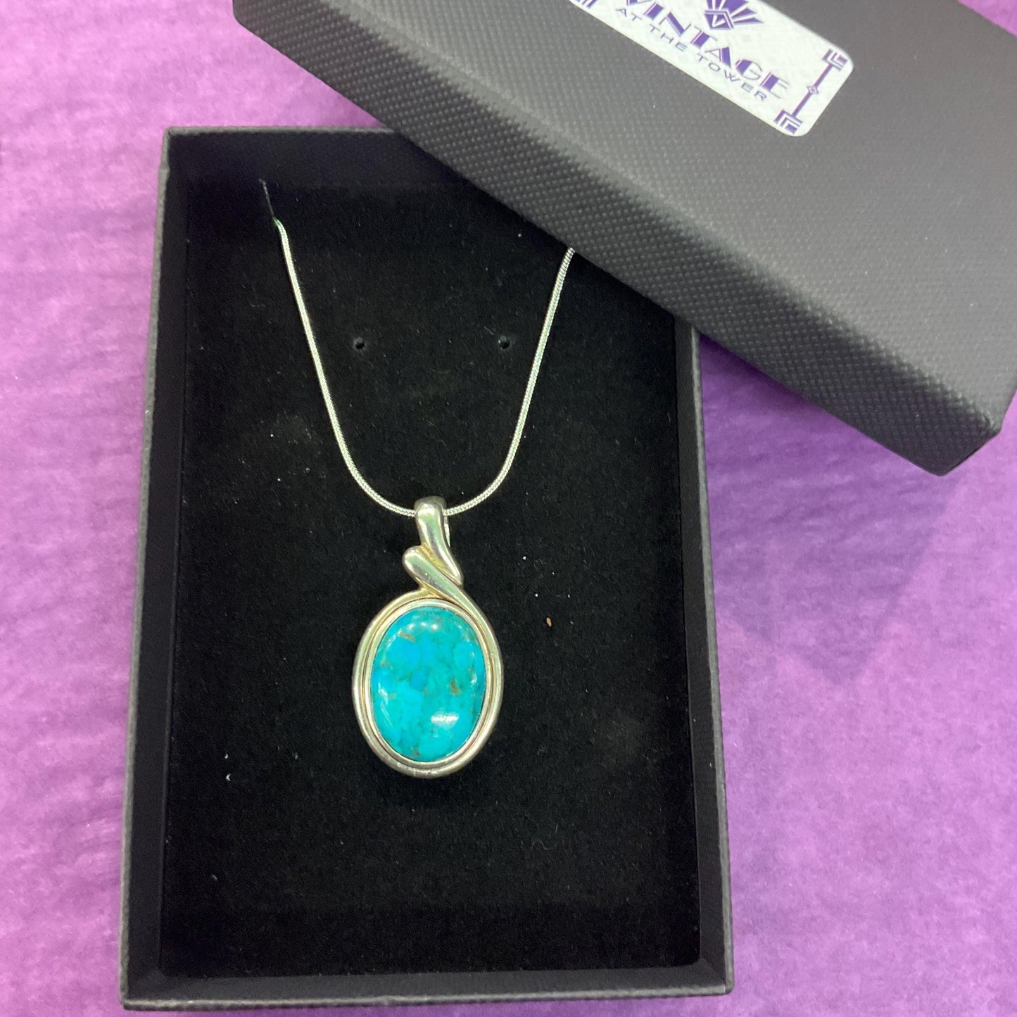 Vintage Silver (925) and Turquoise Large Oval pendant onto new 925 silver snake chain, gift boxed