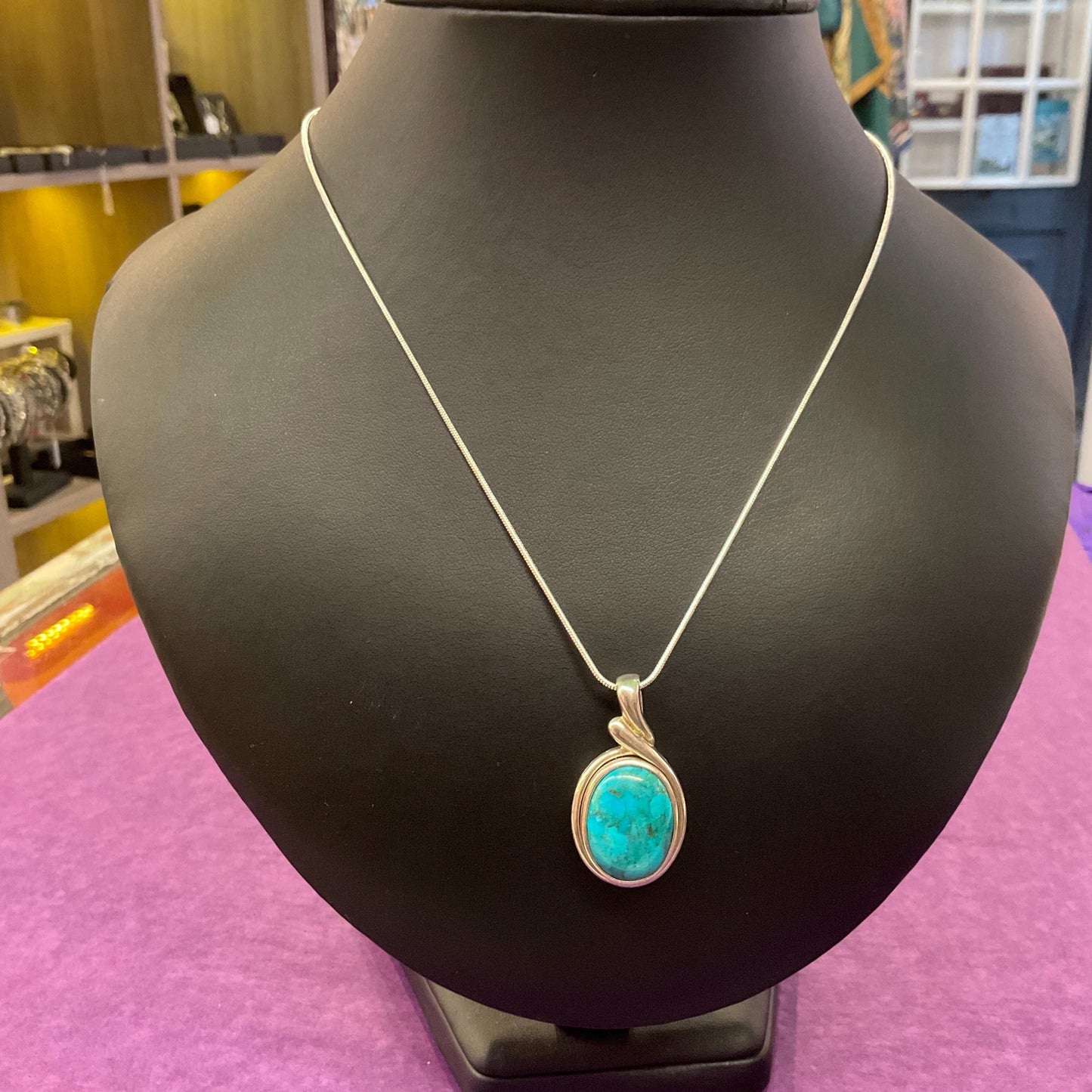 Vintage Silver (925) and Turquoise Large Oval pendant onto new 925 silver snake chain, gift boxed