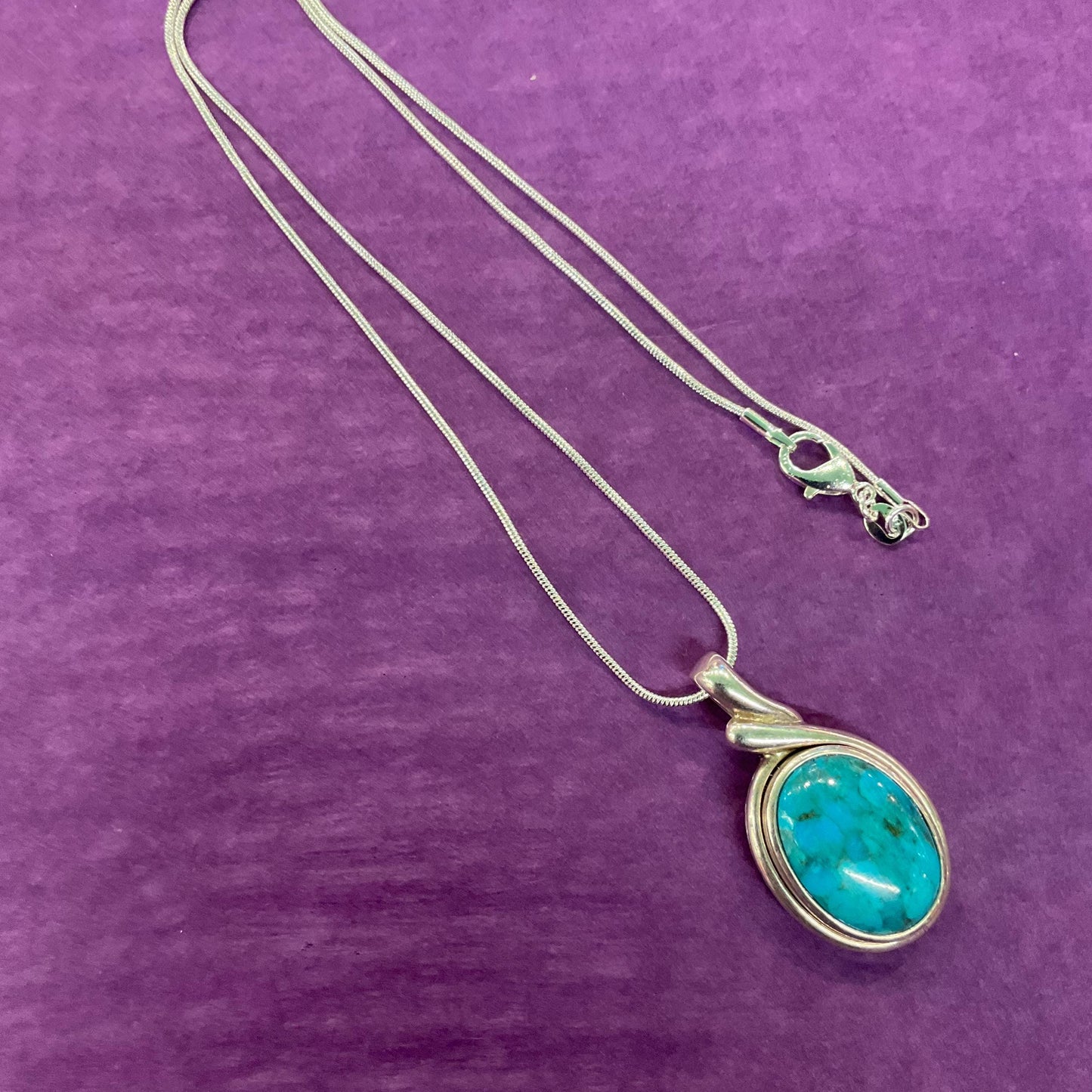 Vintage Silver (925) and Turquoise Large Oval pendant onto new 925 silver snake chain, gift boxed