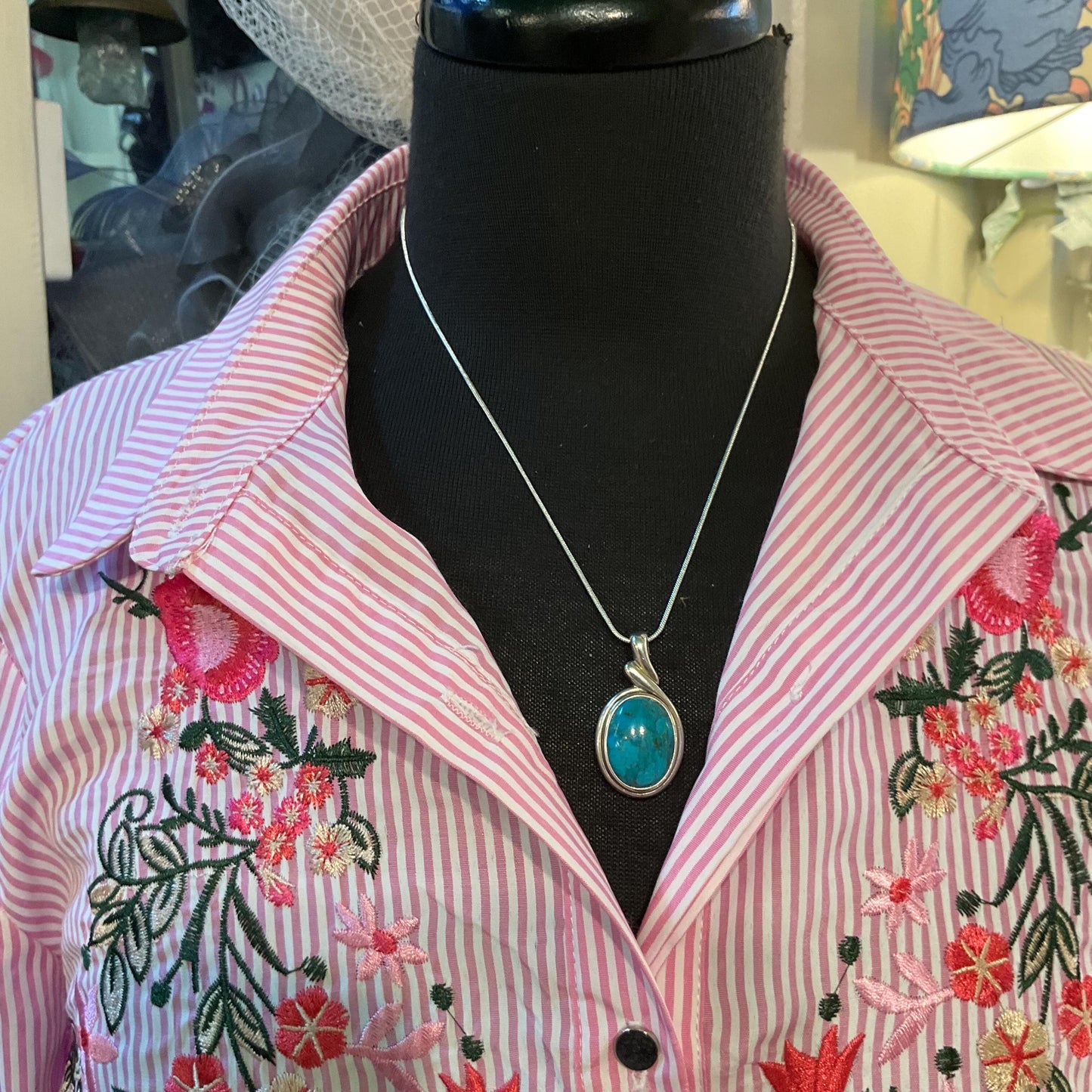 Vintage Silver (925) and Turquoise Large Oval pendant onto new 925 silver snake chain, gift boxed