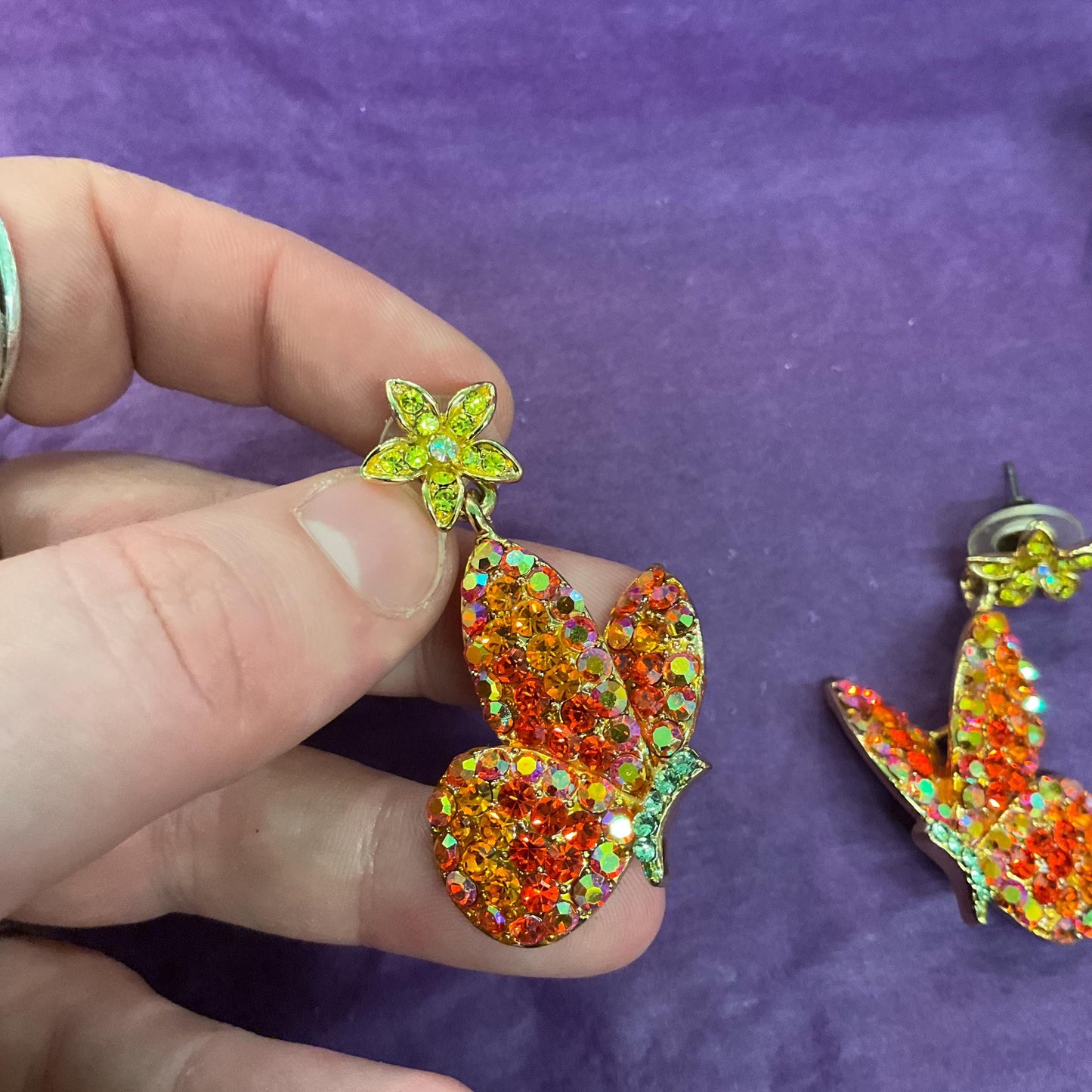 Vintage Butler and Wilson Long Drop Crystal Butterfly Earrings, Gold tone with orange and gold borealis rhinestones