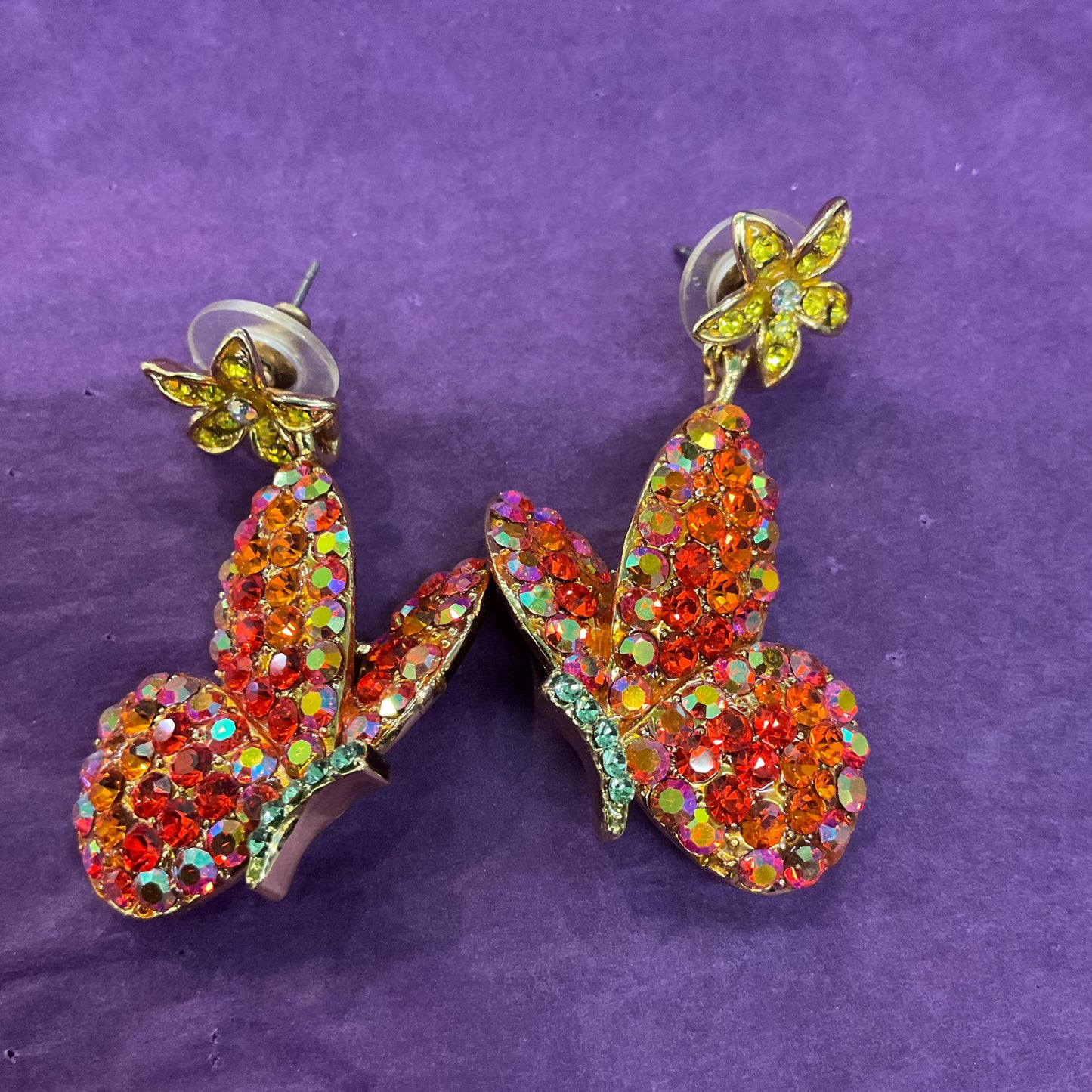 Vintage Butler and Wilson Long Drop Crystal Butterfly Earrings, Gold tone with orange and gold borealis rhinestones
