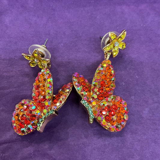 Vintage Butler and Wilson Long Drop Crystal Butterfly Earrings, Gold tone with orange and gold borealis rhinestones