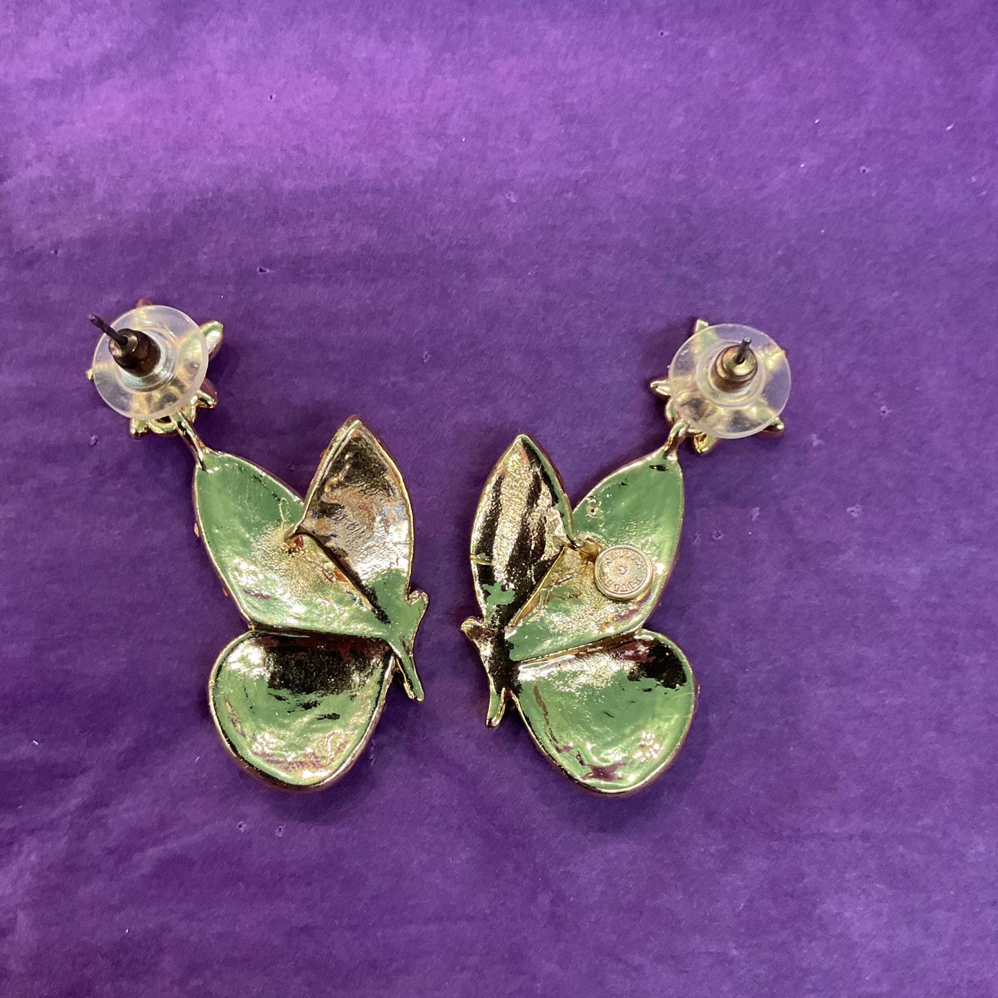 Vintage Butler and Wilson Long Drop Crystal Butterfly Earrings, Gold tone with orange and gold borealis rhinestones