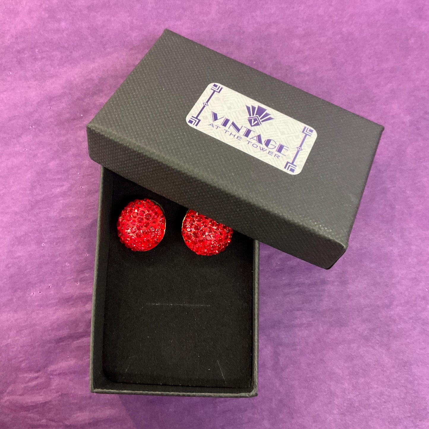 Vintage Butler and Wilson Red Crystal zButton Stud Earrings, Gold Tone with Red Enamel and Borealis rhinestones