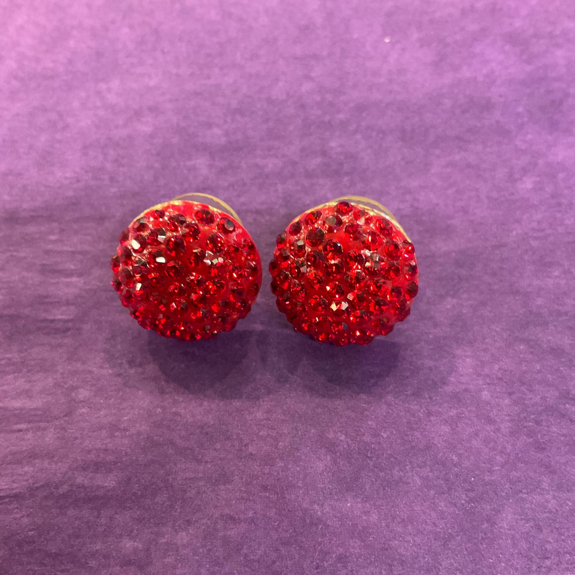 Vintage Butler and Wilson Red Crystal zButton Stud Earrings, Gold Tone with Red Enamel and Borealis rhinestones