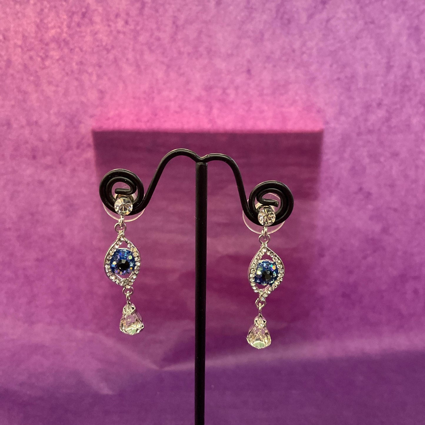 Vintage Butler and Wilson Crystal Eye Long Drop Earrings , Silver tone with silver, black and blue Borealis Crystal Rhinestones