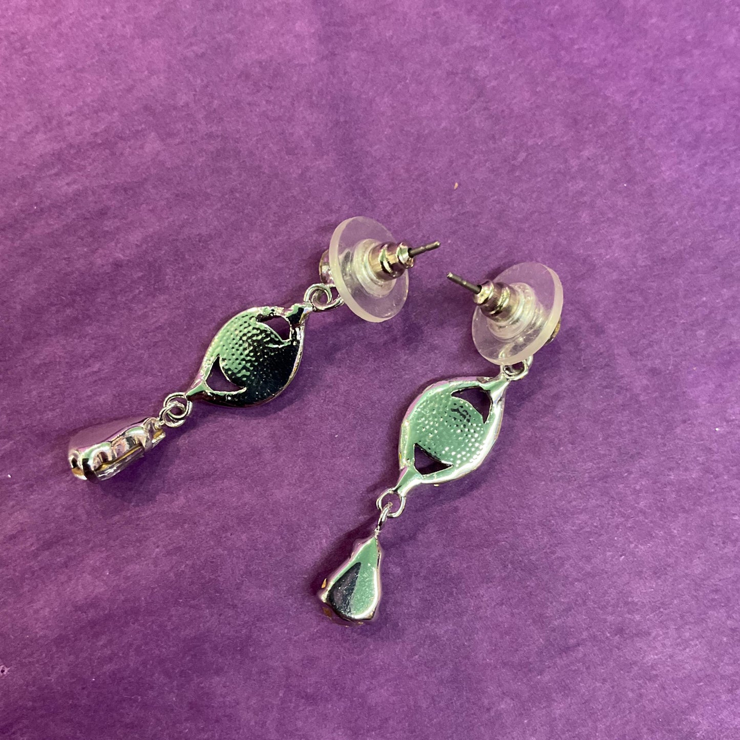 Vintage Butler and Wilson Crystal Eye Long Drop Earrings , Silver tone with silver, black and blue Borealis Crystal Rhinestones