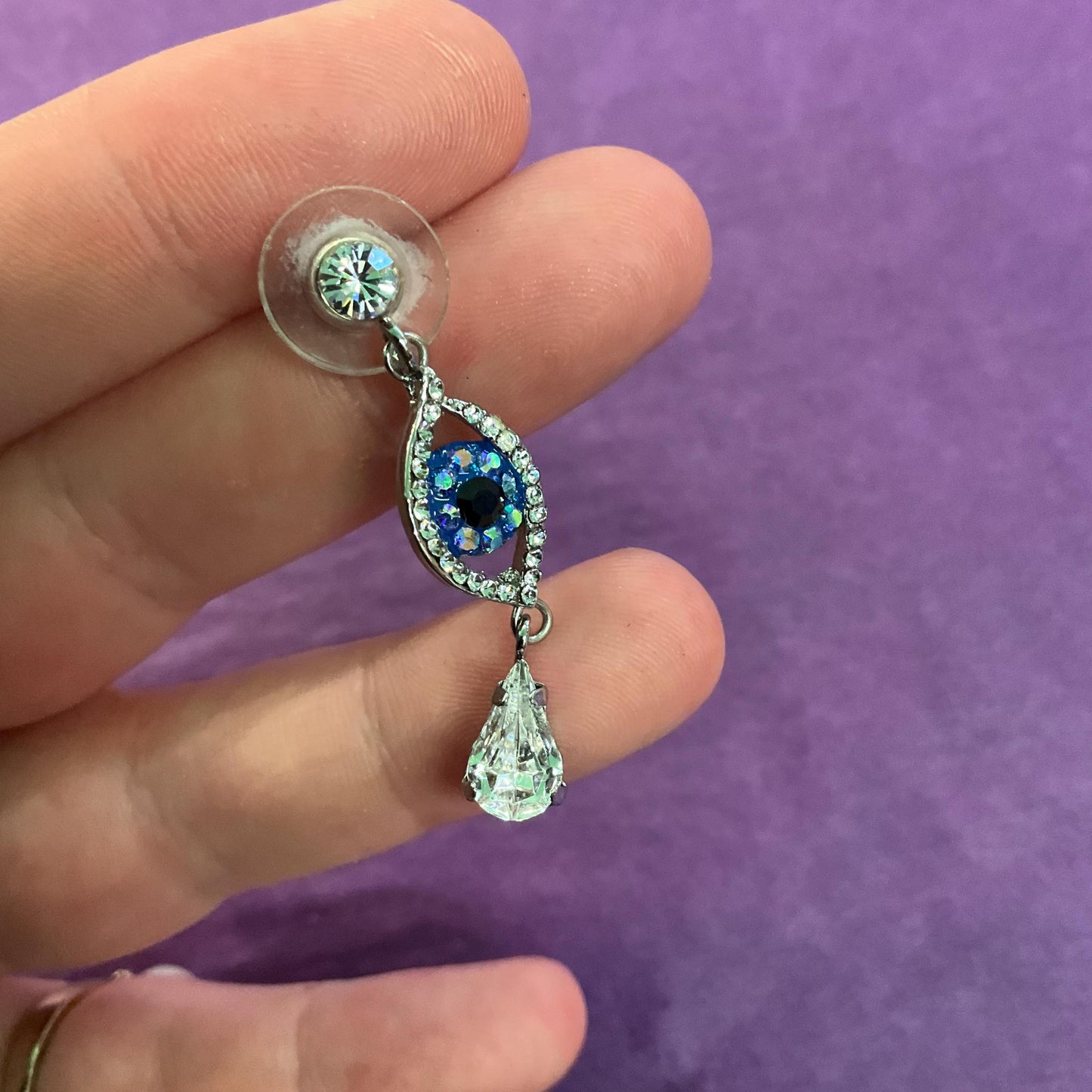 Vintage Butler and Wilson Crystal Eye Long Drop Earrings , Silver tone with silver, black and blue Borealis Crystal Rhinestones