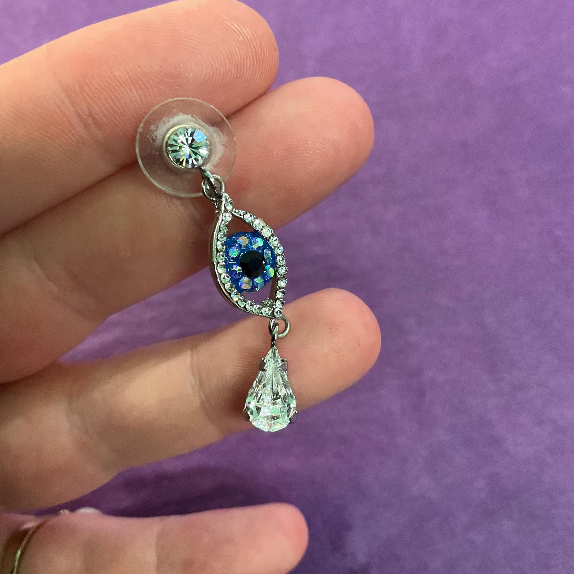 Vintage Butler and Wilson Crystal Eye Long Drop Earrings , Silver tone with silver, black and blue Borealis Crystal Rhinestones