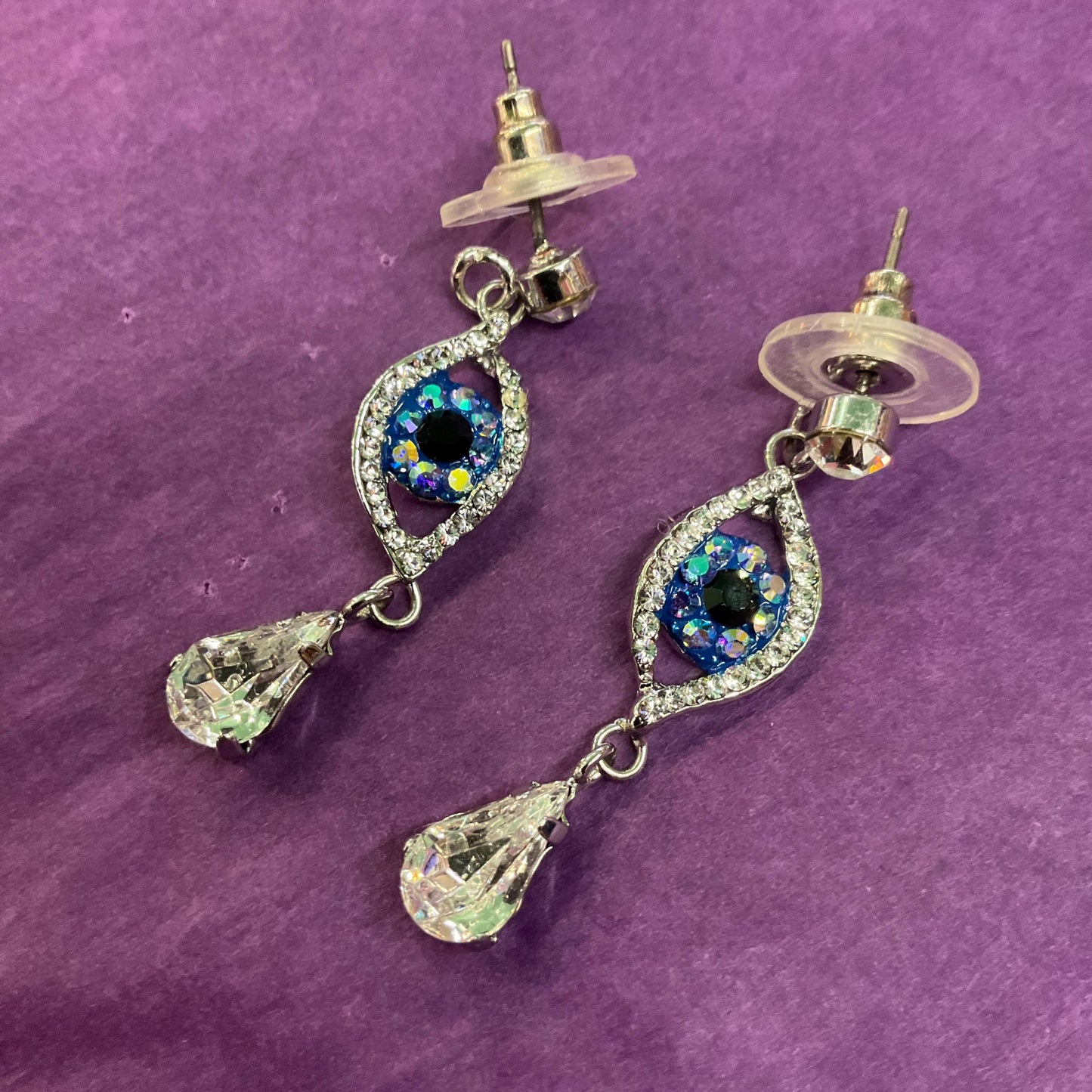 Vintage Butler and Wilson Crystal Eye Long Drop Earrings , Silver tone with silver, black and blue Borealis Crystal Rhinestones