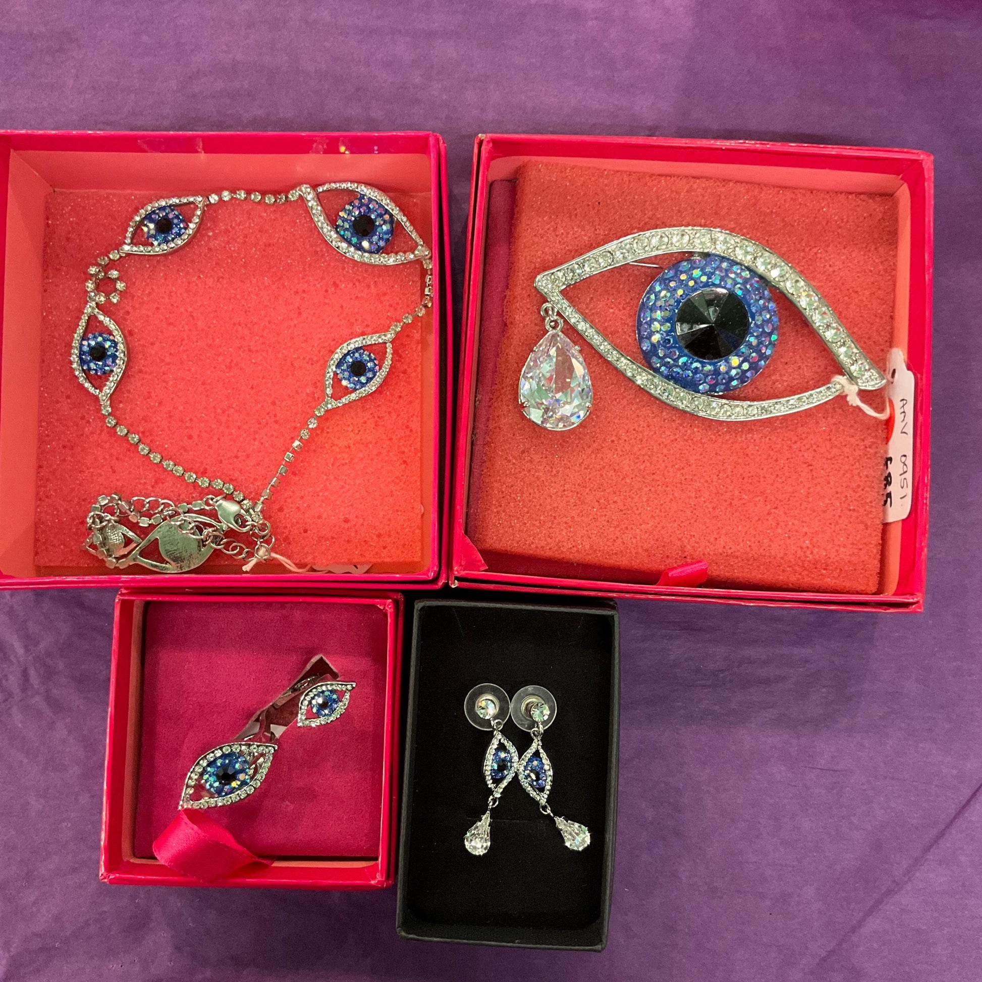 Vintage Butler and Wilson Crystal Eye Long Drop Earrings , Silver tone with silver, black and blue Borealis Crystal Rhinestones