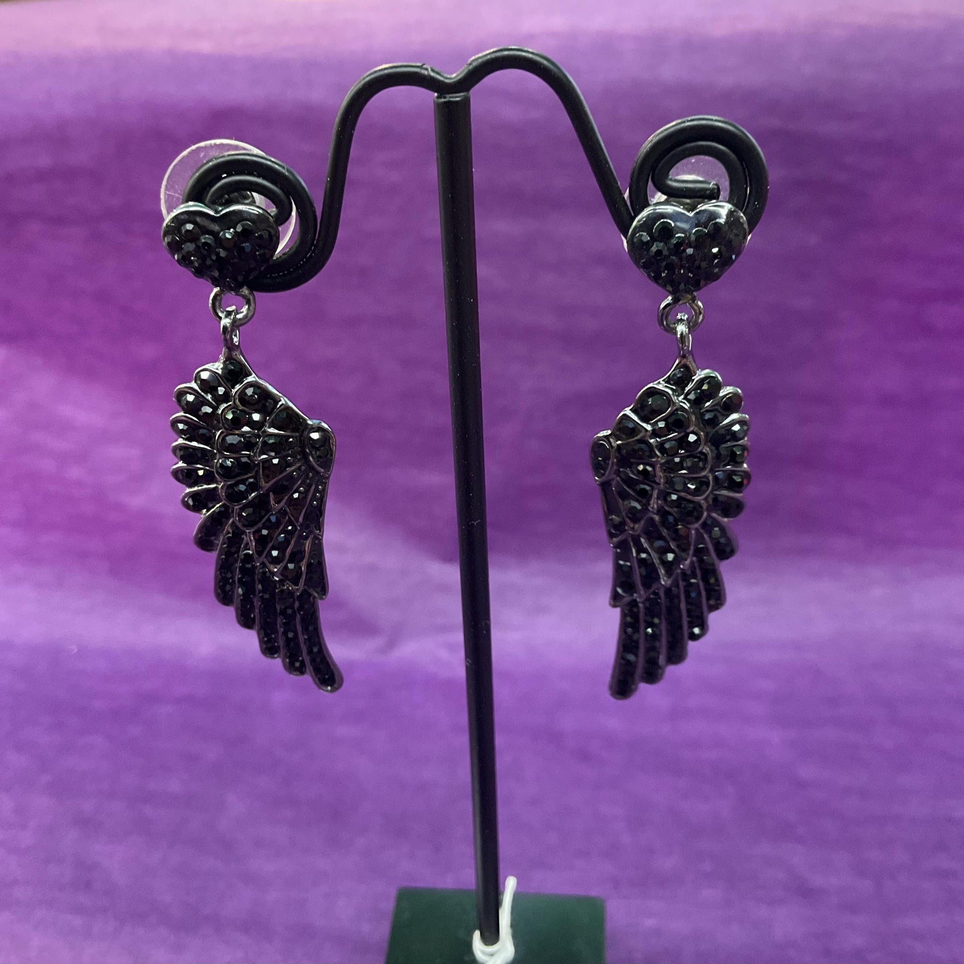 Vintage Butler and Wilson Dark Pewter Angel Wing Crystal Long Drop Earrings, pewter tone with black Rhinestones, sustainable gift