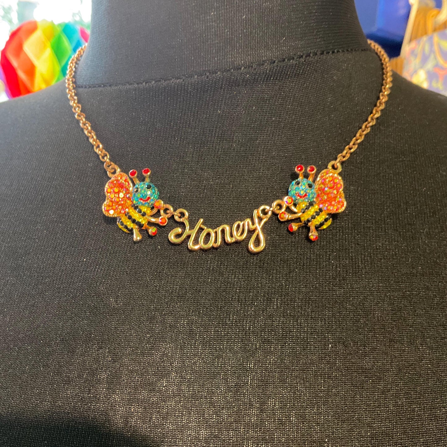 Vintage Butler and Wilson Rainbow Honey Bee Crystal Necklace, Rose gold tone with multicolored Aurora Borealis Rhinestones