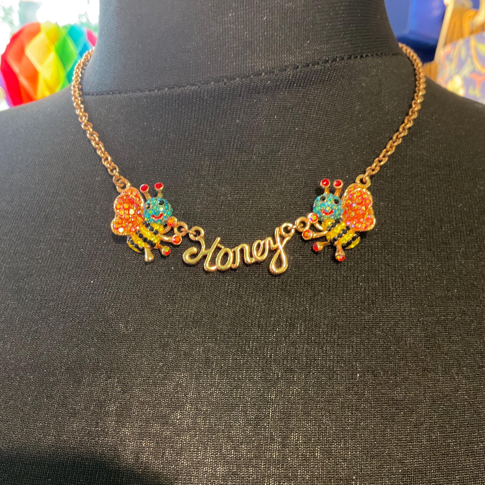 Vintage Butler and Wilson Rainbow Honey Bee Crystal Necklace, Rose gold tone with multicolored Aurora Borealis Rhinestones