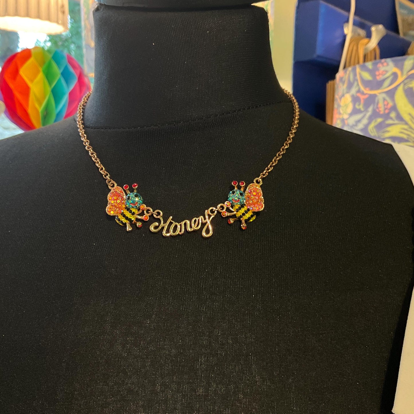 Vintage Butler and Wilson Rainbow Honey Bee Crystal Necklace, Rose gold tone with multicolored Aurora Borealis Rhinestones