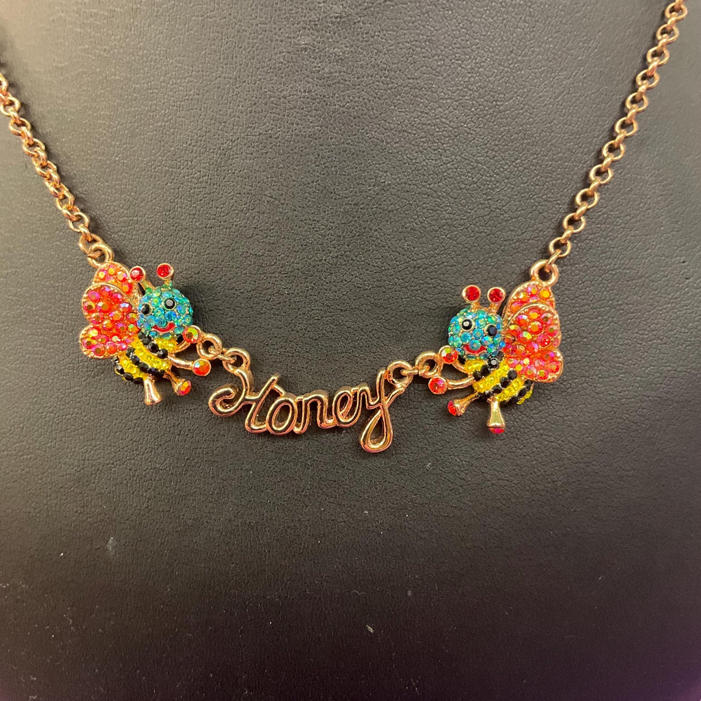 Vintage Butler and Wilson Rainbow Honey Bee Crystal Necklace, Rose gold tone with multicolored Aurora Borealis Rhinestones