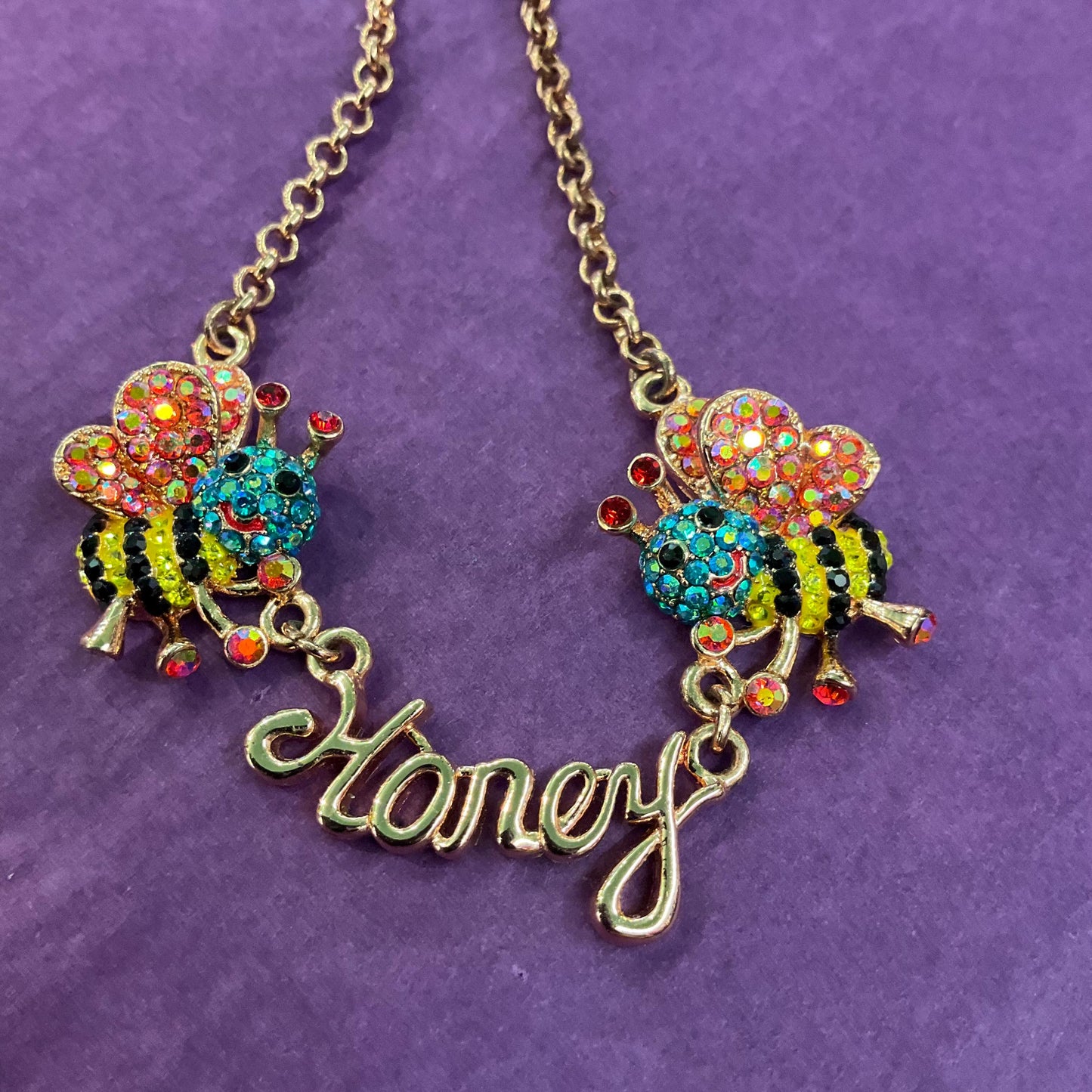 Vintage Butler and Wilson Rainbow Honey Bee Crystal Necklace, Rose gold tone with multicolored Aurora Borealis Rhinestones