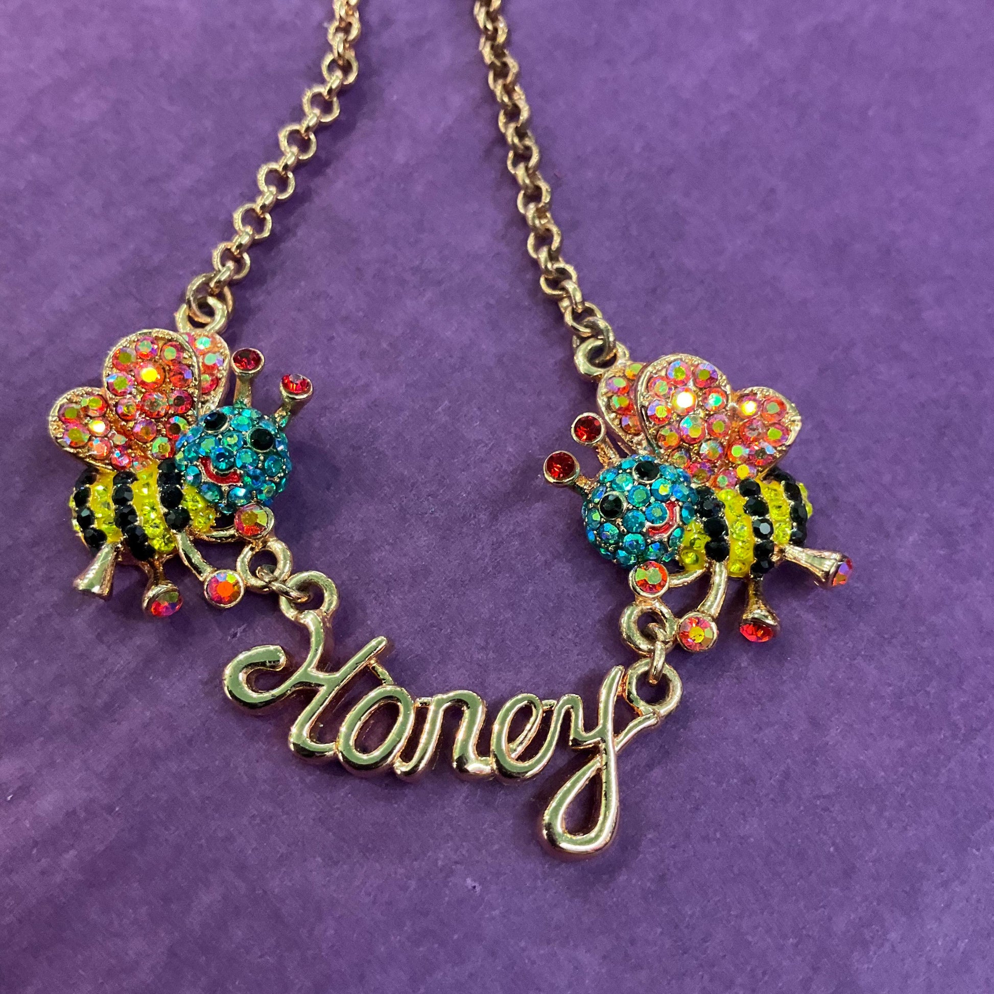 Vintage Butler and Wilson Rainbow Honey Bee Crystal Necklace, Rose gold tone with multicolored Aurora Borealis Rhinestones