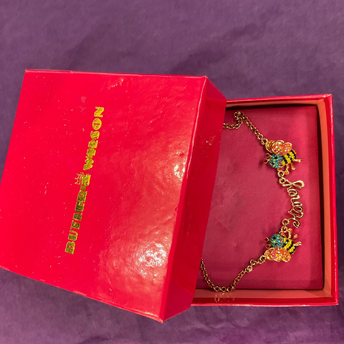 Vintage Butler and Wilson Rainbow Honey Bee Crystal Necklace, Rose gold tone with multicolored Aurora Borealis Rhinestones