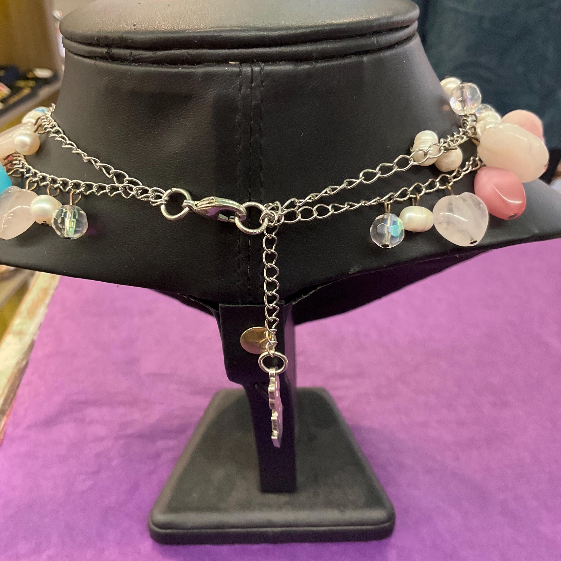 Vintage Butler and Wilson Bohemian Twin Row Gemstone and Crystal Necklace, Fresh Water Pearls, Rose Quartz and Crystal Beads