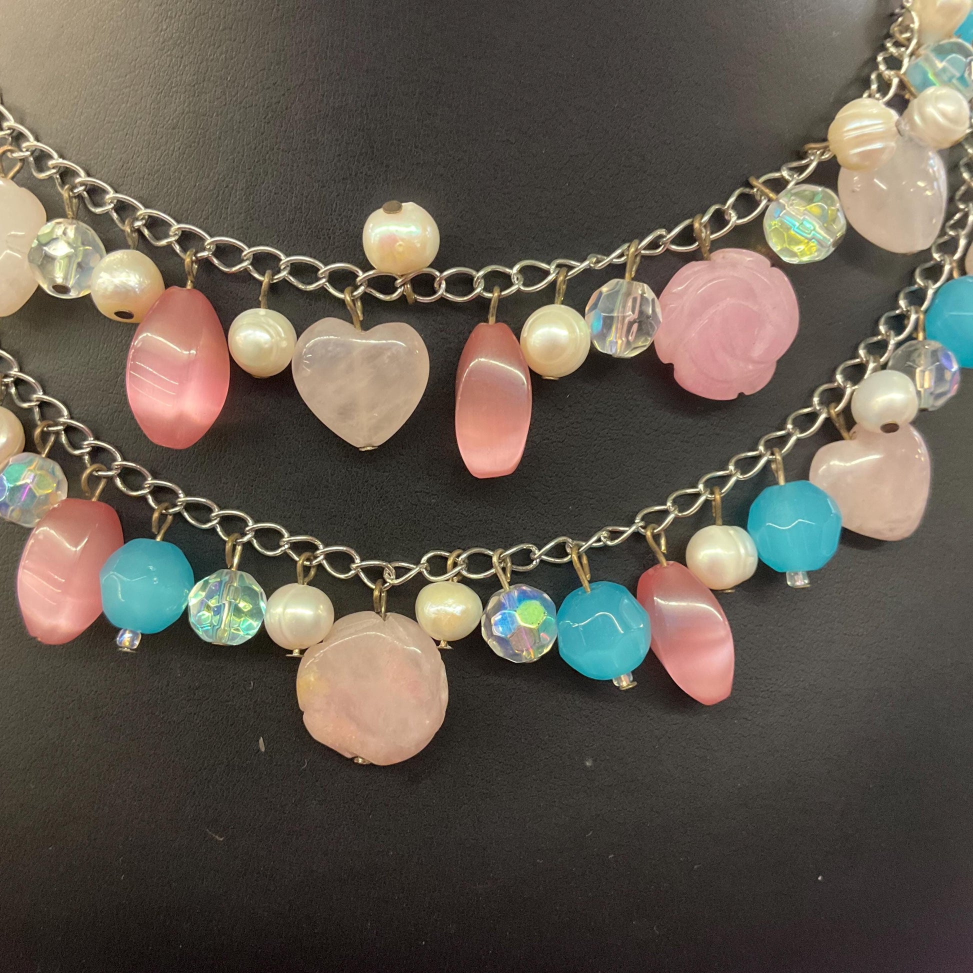 Vintage Butler and Wilson Bohemian Twin Row Gemstone and Crystal Necklace, Fresh Water Pearls, Rose Quartz and Crystal Beads