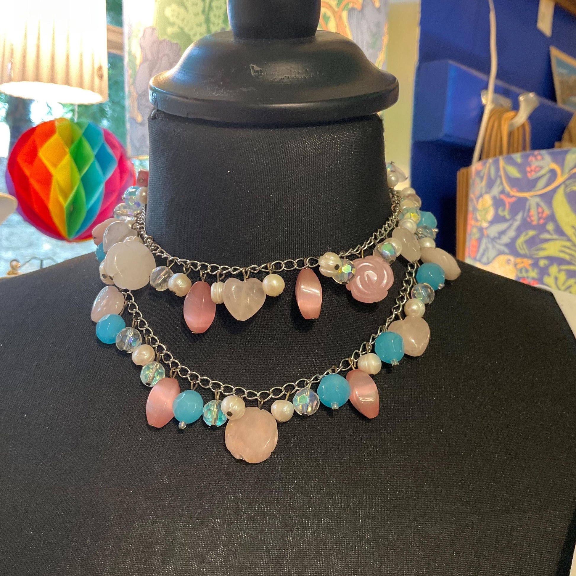 Vintage Butler and Wilson Bohemian Twin Row Gemstone and Crystal Necklace, Fresh Water Pearls, Rose Quartz and Crystal Beads