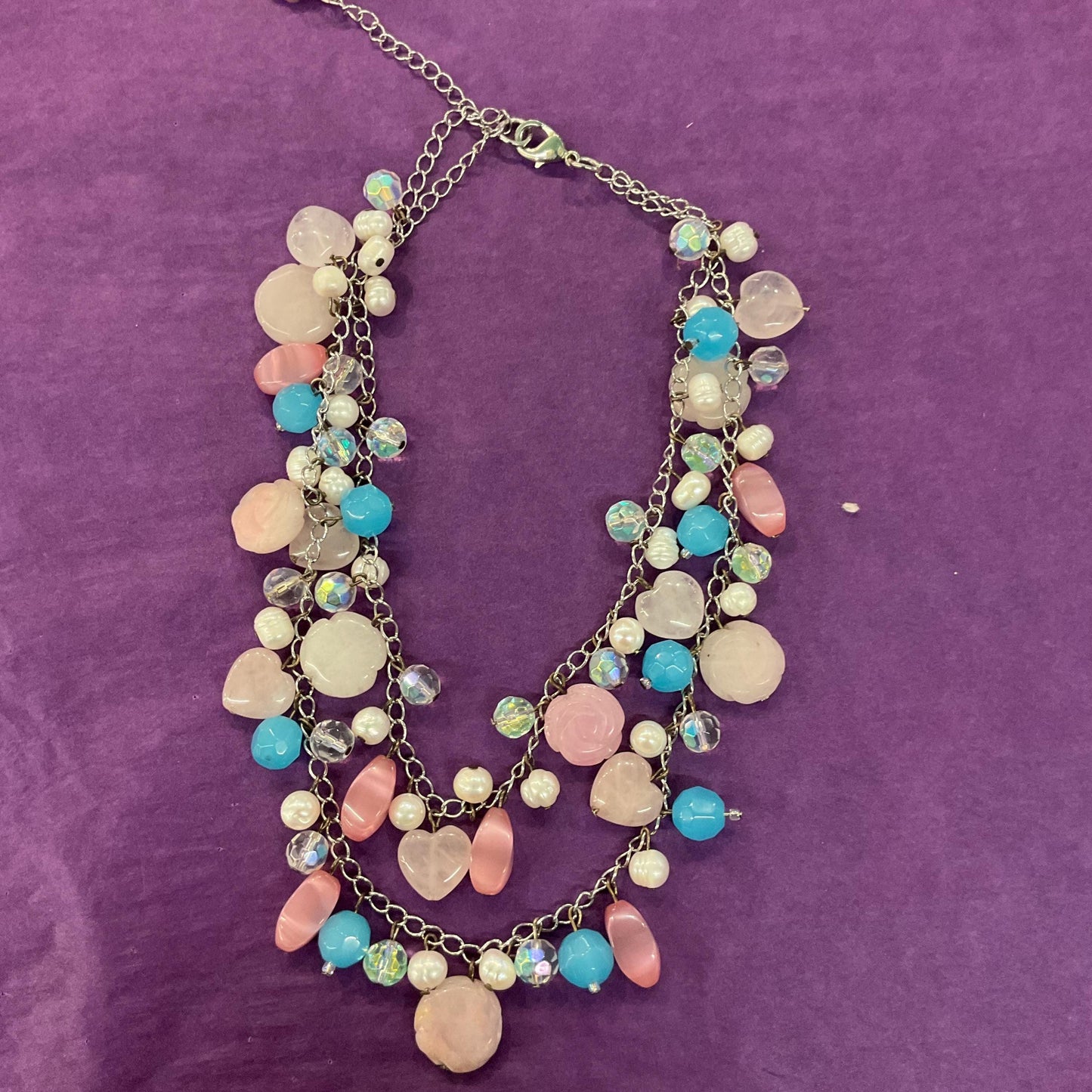Vintage Butler and Wilson Bohemian Twin Row Gemstone and Crystal Necklace, Fresh Water Pearls, Rose Quartz and Crystal Beads