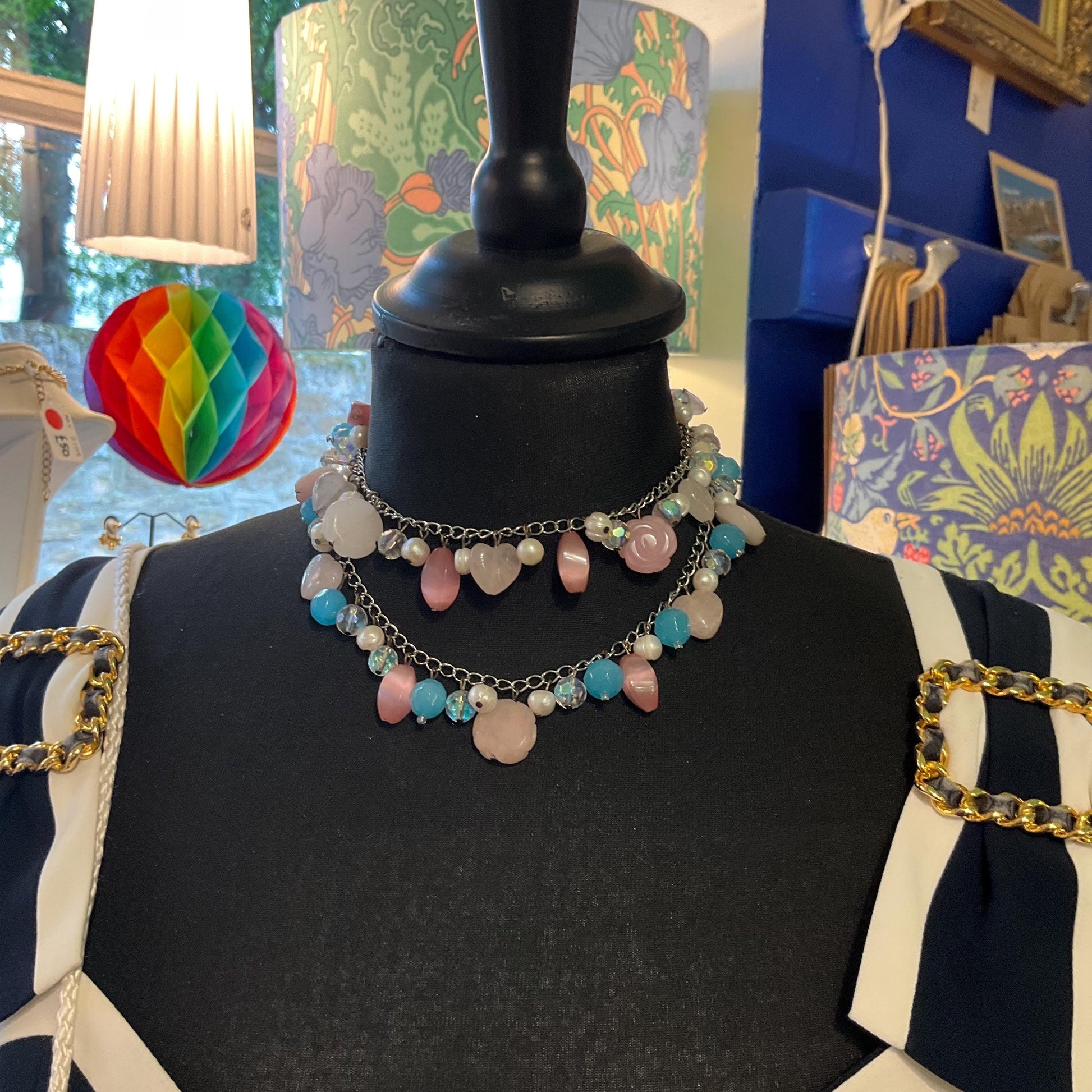 Vintage Butler and Wilson Bohemian Twin Row Gemstone and Crystal Necklace, Fresh Water Pearls, Rose Quartz and Crystal Beads